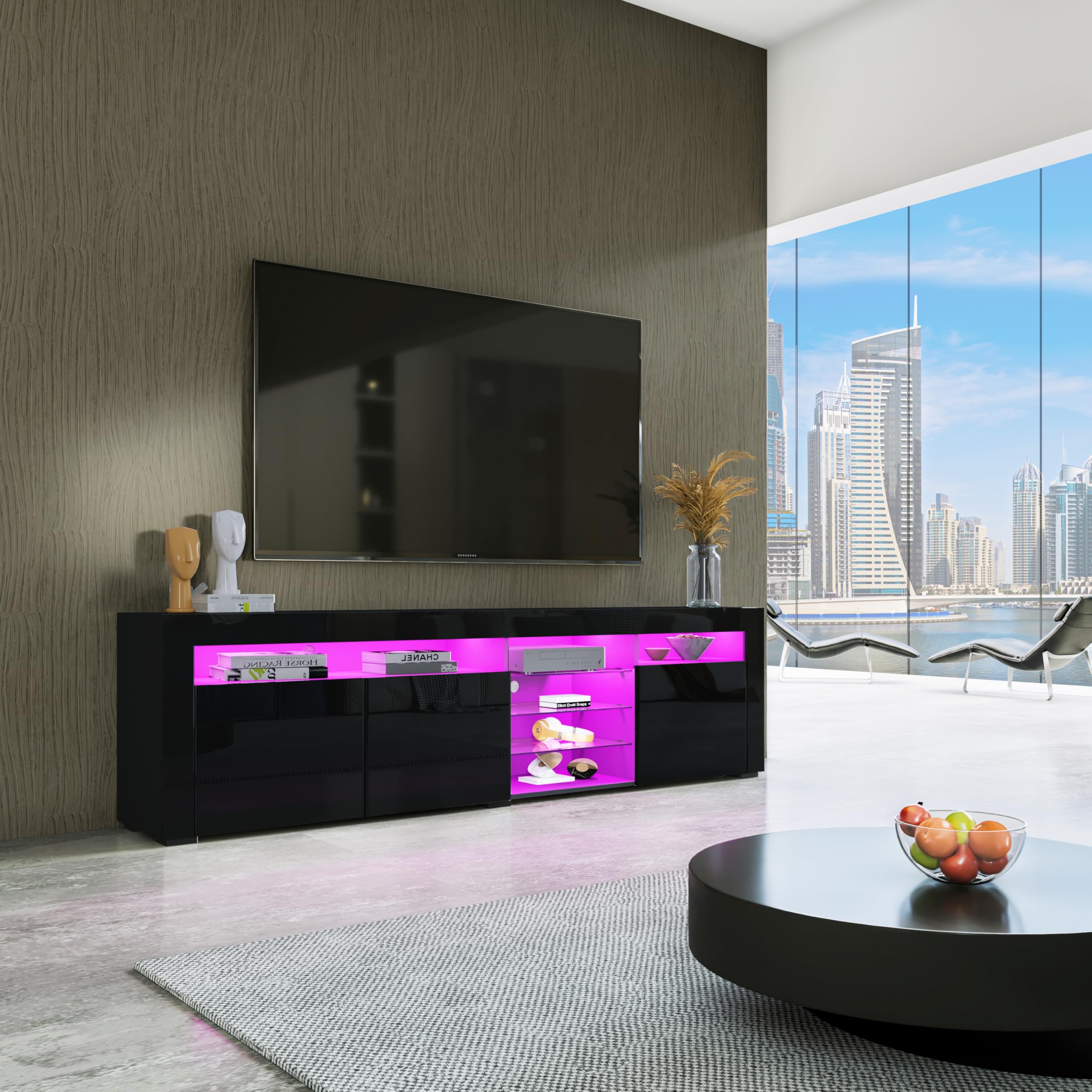 180cm LED TV Schrank Modernes Hochglanz TV Board, Schwarz | mit 3 Türen & Glasböden Fernsehschrank für Wohnzimmer Schlafzimmer Möbel, 180 x 35 x 53 cm