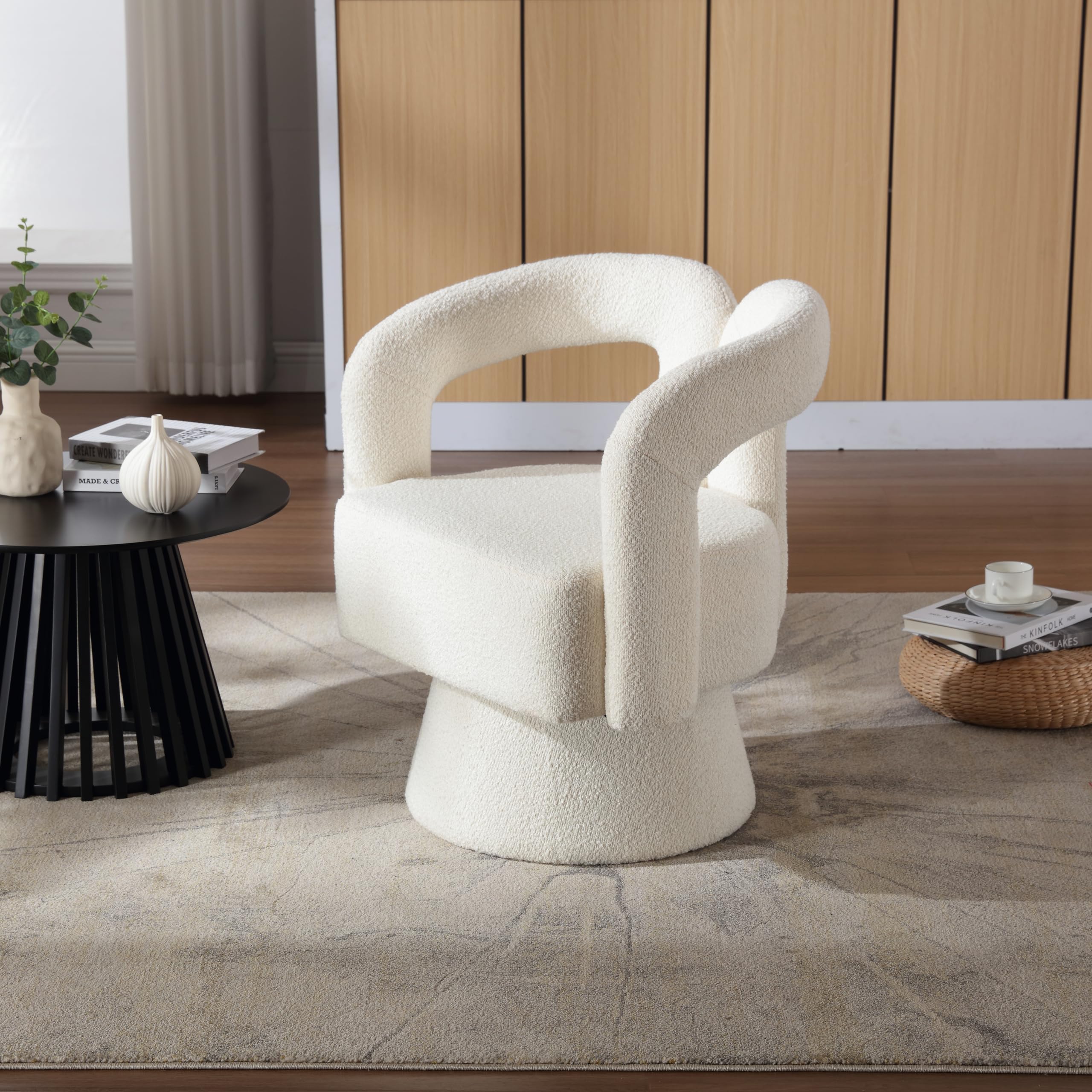 OKMYHOME Sessel – 360° drehbarer Sessel mit gepolsterter Sitzfläche aus Schlaufenstoff, Rahmen aus Holz und Metall, Belastung 150 kg, 67 x 55 x 74 cm, Beige