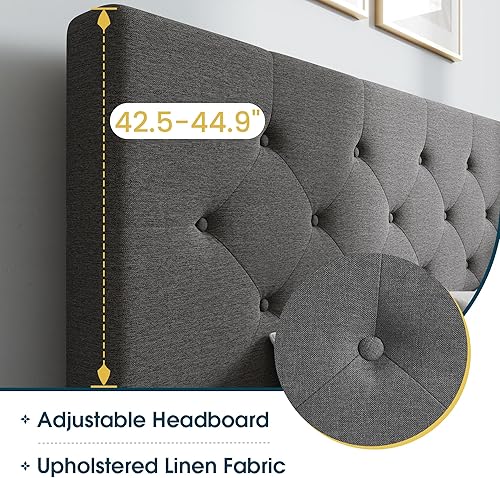 Miniatura 4 de WEEWAY Base de cama Queen con 4 cajones, plataforma tamaño Queen con cabecera capitoné con botón de costura de diamante, marco de cama tamaño Queen