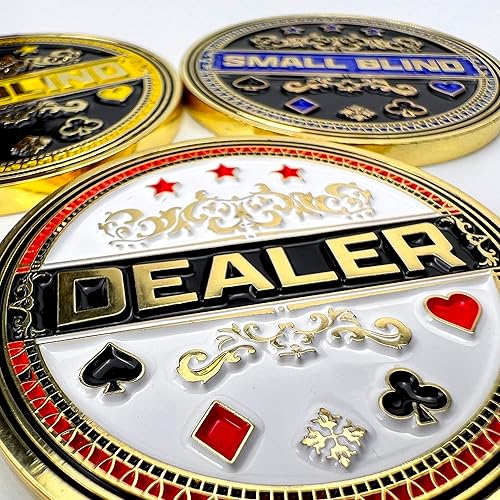 Miniatura 3 de Luck Lab Juego de 3 botones de póquer de metal, botón de distribuidor, ciego grande y pesas de metal pequeñas (marcadores de posición) para Texas