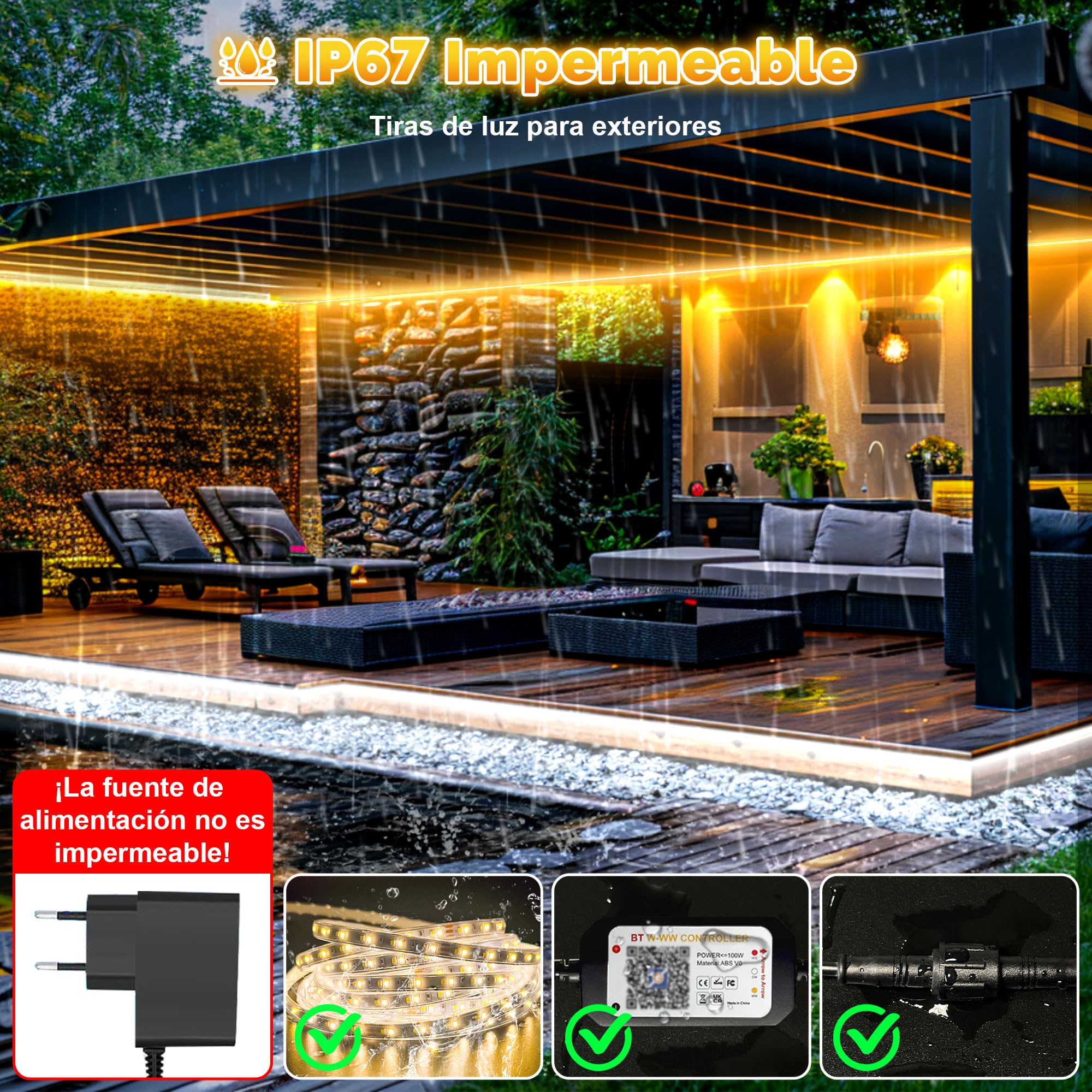 20M Tira LED Exterior Impermeable IP67, Luces Blancas Exterior 3000K-6500K, 24V Tiras de LED Adhesivas Impermeable, Fita LED con APP & Mando a Distancia para Pavillon, Pérgola, Patio
