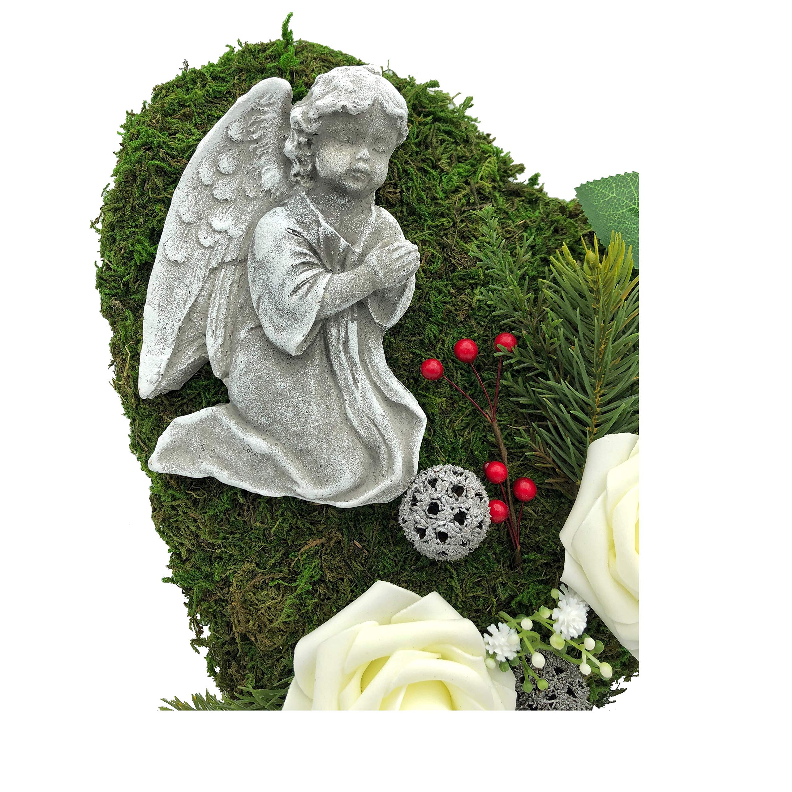 Radami Grabgesteck Grabschmuck Grabaufleger Moosherz Grabherz Trauerherz Grab Herz Gesteck Rosen mit Engel (Rosen Weiß)