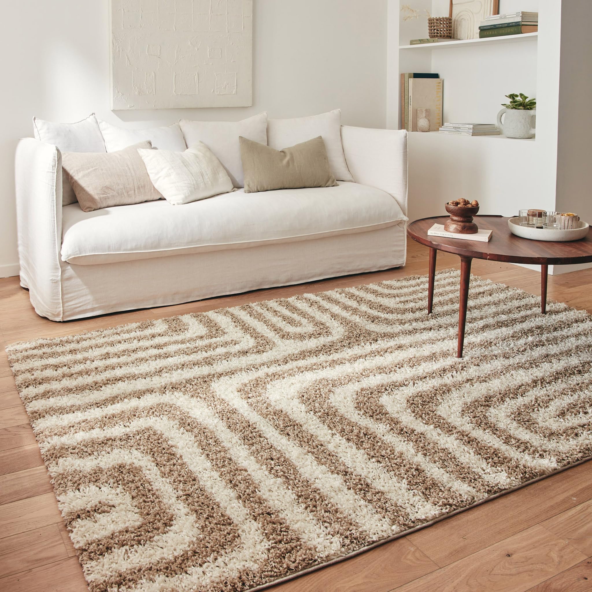 Nazar Alfombra moderna Shaggy, Crema, Marrón, Pelo Largo, Patrón Geométrico, Alfombra Salón, Alfombra Arco (1067 Beige, 80x140 cm)