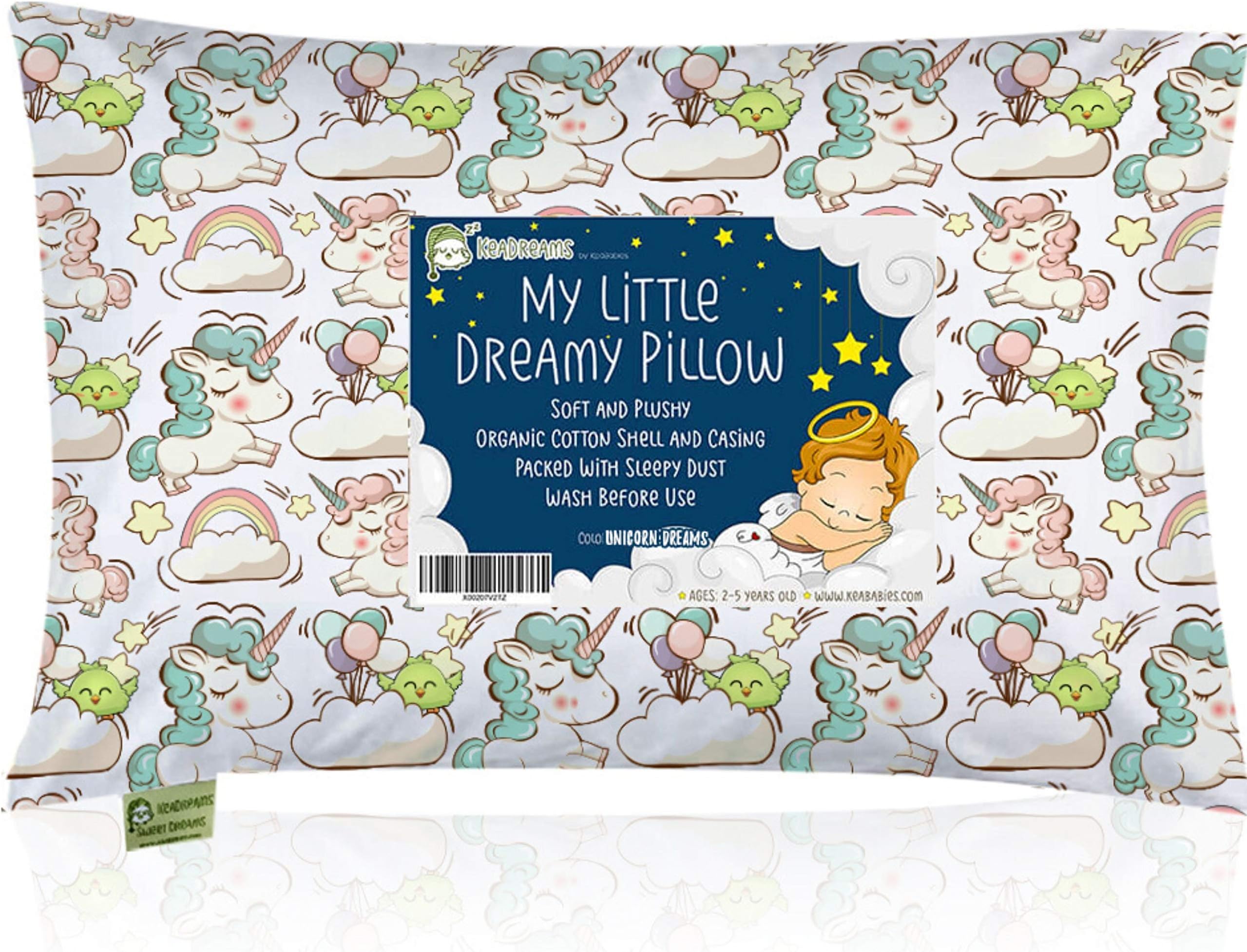 Toddler Pillow with Pillowcase - 13X18 Soft Organic Cotton Baby Pillows for Sleeping - Machine Washable - Toddlers, Kids, Boy, Girl - Perfect for Travel, Toddler Cot, Bed Set (Unicorn Dreams)