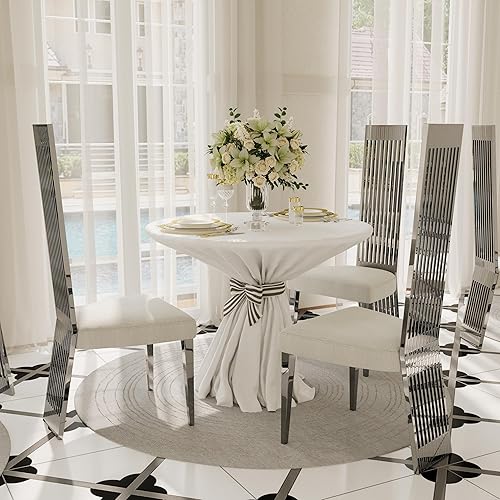 Miniatura 3 de Juego de 2 sillas de comedor blancas y plateadas, sillas de comedor tapizadas con respaldo alto con respaldo y patas de acero inoxidable espejado,