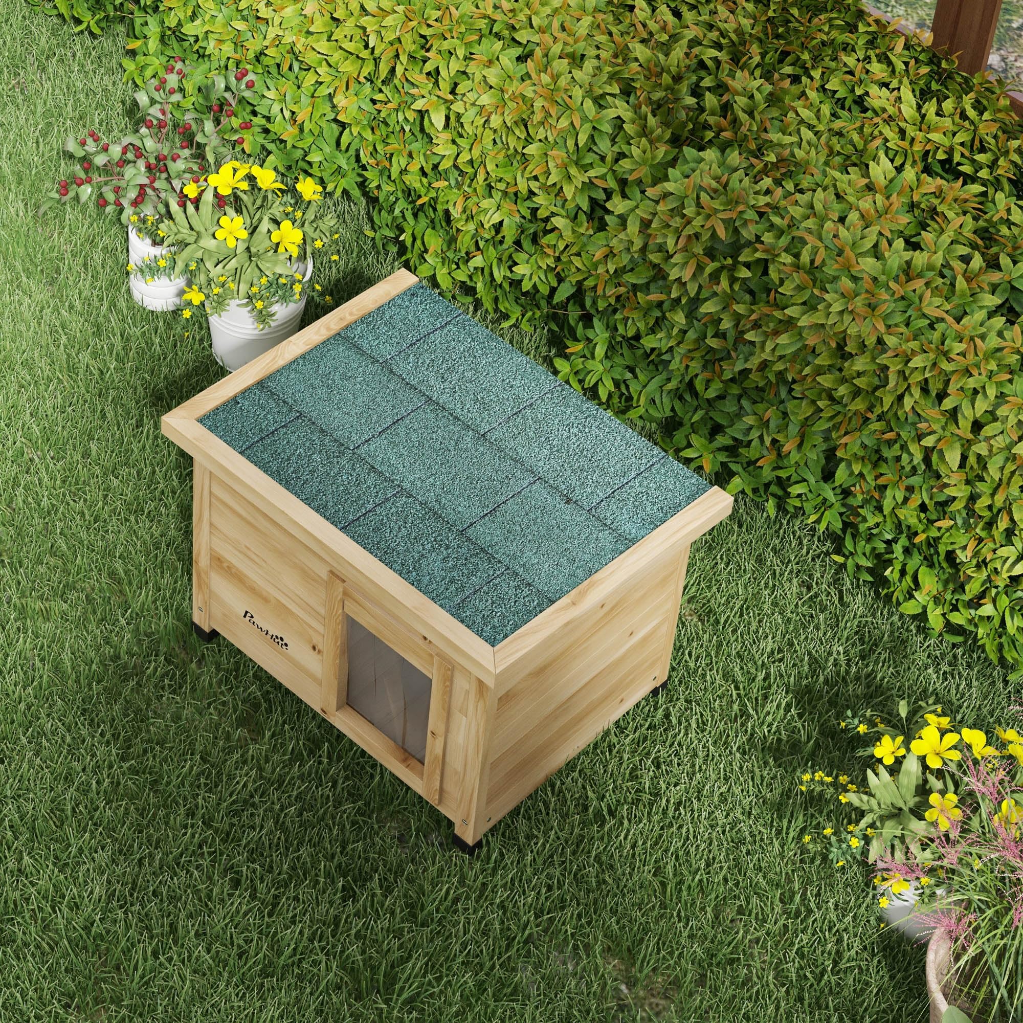 PawHut Maison pour Chats Niche d'extérieur en Bois surélevée avec Toit Asphalte, Porte avec Rideau, fenêtre, 57 x 45 x 43 cm Jaune