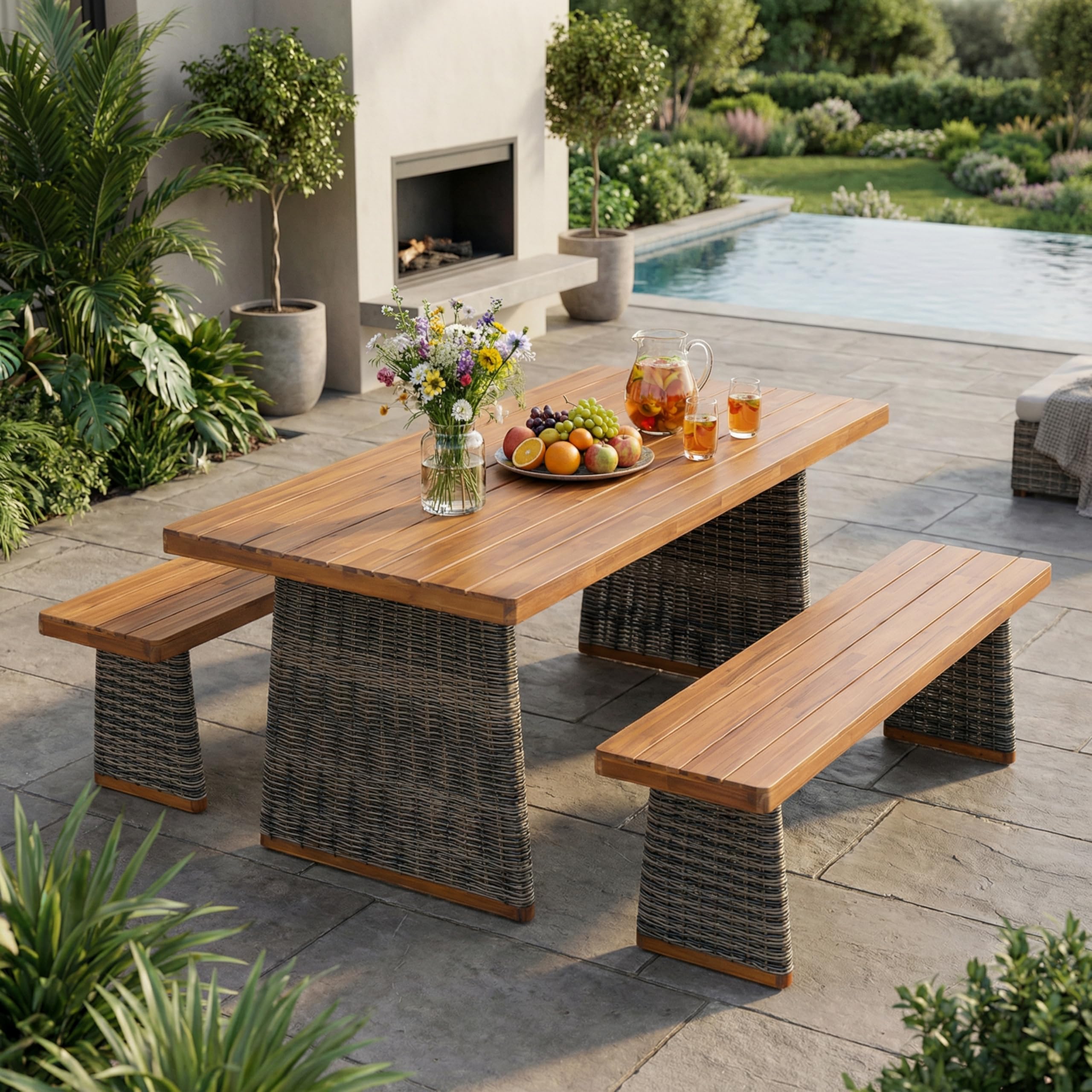 Photo 1 of Merax 3-Piece Acacia Wood Outdoor Dining Set----the whole set ----the table box was opened and the hardware is loose in the box 