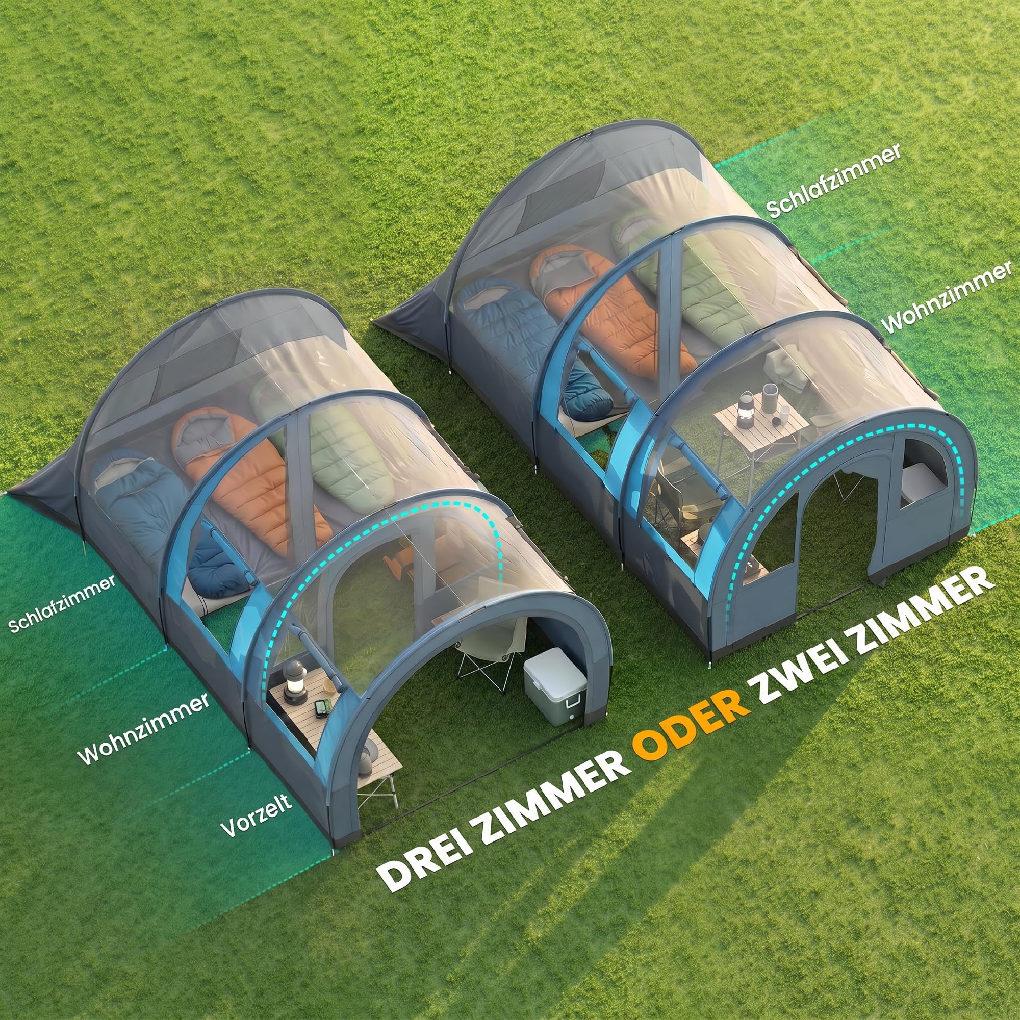 Outsunny Tunnelzelt, Campingzelt für 3 Personen, mit 2 Räumen, Lichthaken, groß Gruppenzelt mit Tragetasche, 3000mm Wasserabweisend Familienzelt, für Garten, Campingplatz