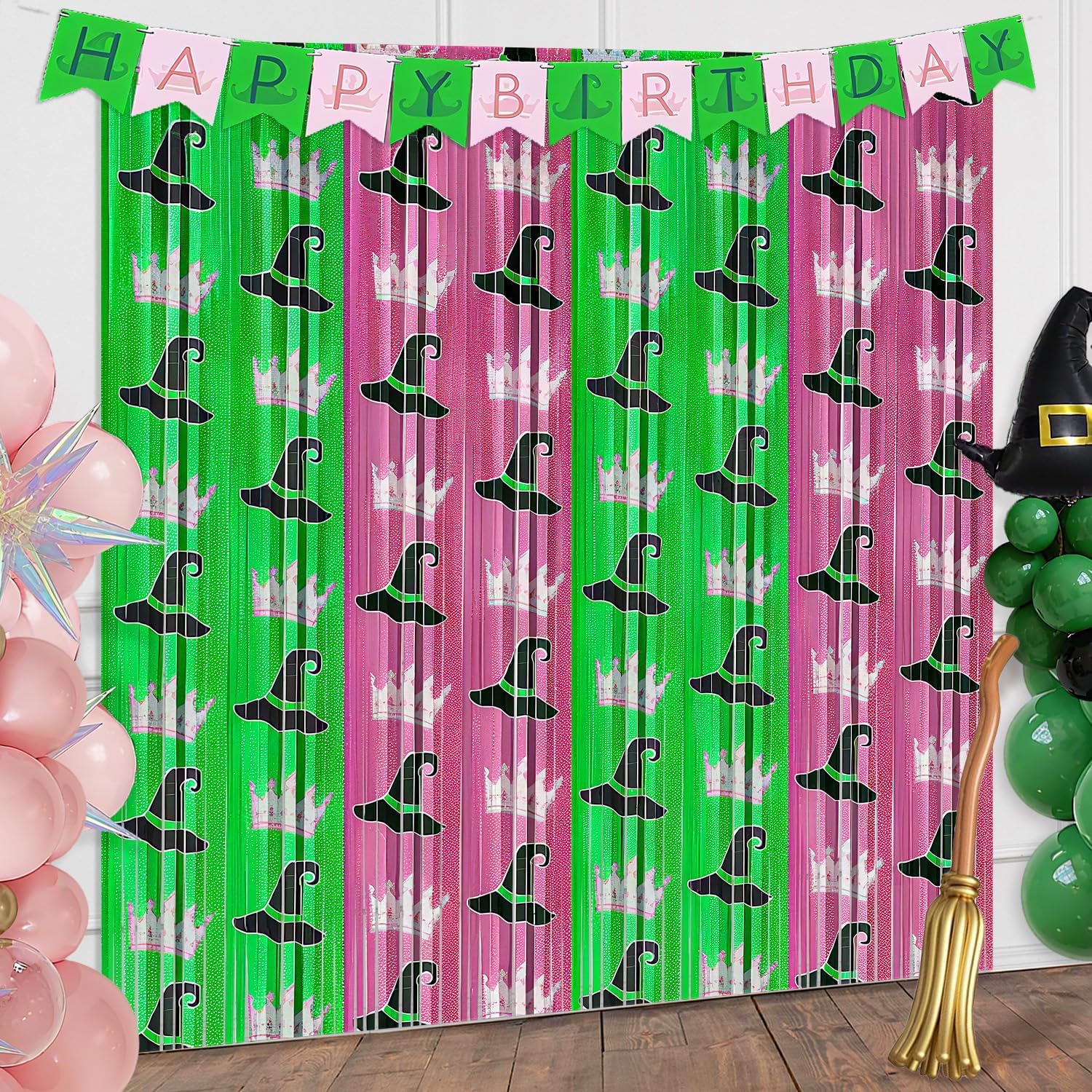 2 Pack Witch Foil Fringe Curtains Birthday Decorations, 3.2x6.6ft Green and Pink Tinsel Door Streamers Backdrop Christmas Witch Themed Birthday Party Decor Supplies Favors for Girls