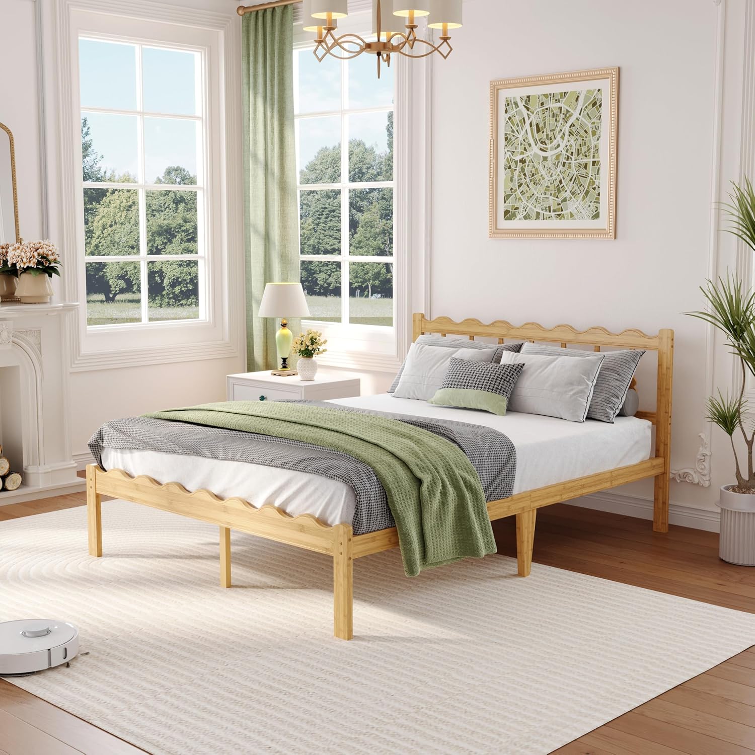 14 Inch Solid Wood Full Bed Frame with Wavy Headboard, No Box Spring Needed, No Squeak, Bamboo&Metal