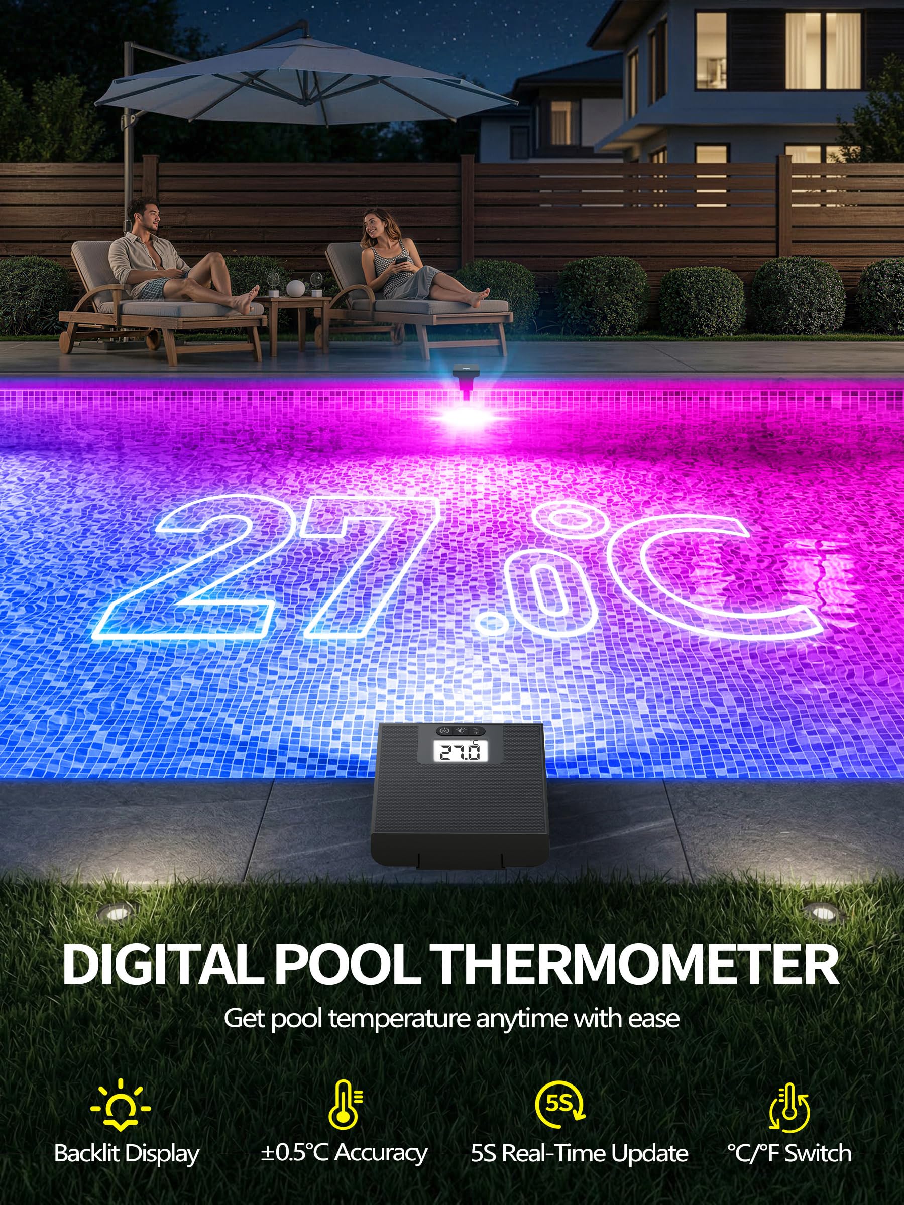 DeeprBlu 2 en 1 Luz Piscina Solar Sumergible con Termómetro de Piscina, Luces LED para Piscinas con 10 Impresionante Modos de Luz & Pantalla Retroiluminada Nocturna, Solo para Piscinas Enterrada