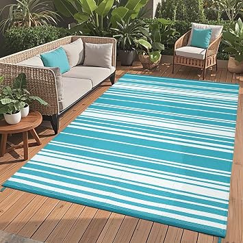 Large Outdoor Area Rugs Waterproof 9x18 Modern Striped Outdoor Carpet, UV-Resistant Plastic Straw Camping Rugs for Patio, Lightweight Reversible Mat for RV Porch Deck Balcony Beach, Blue