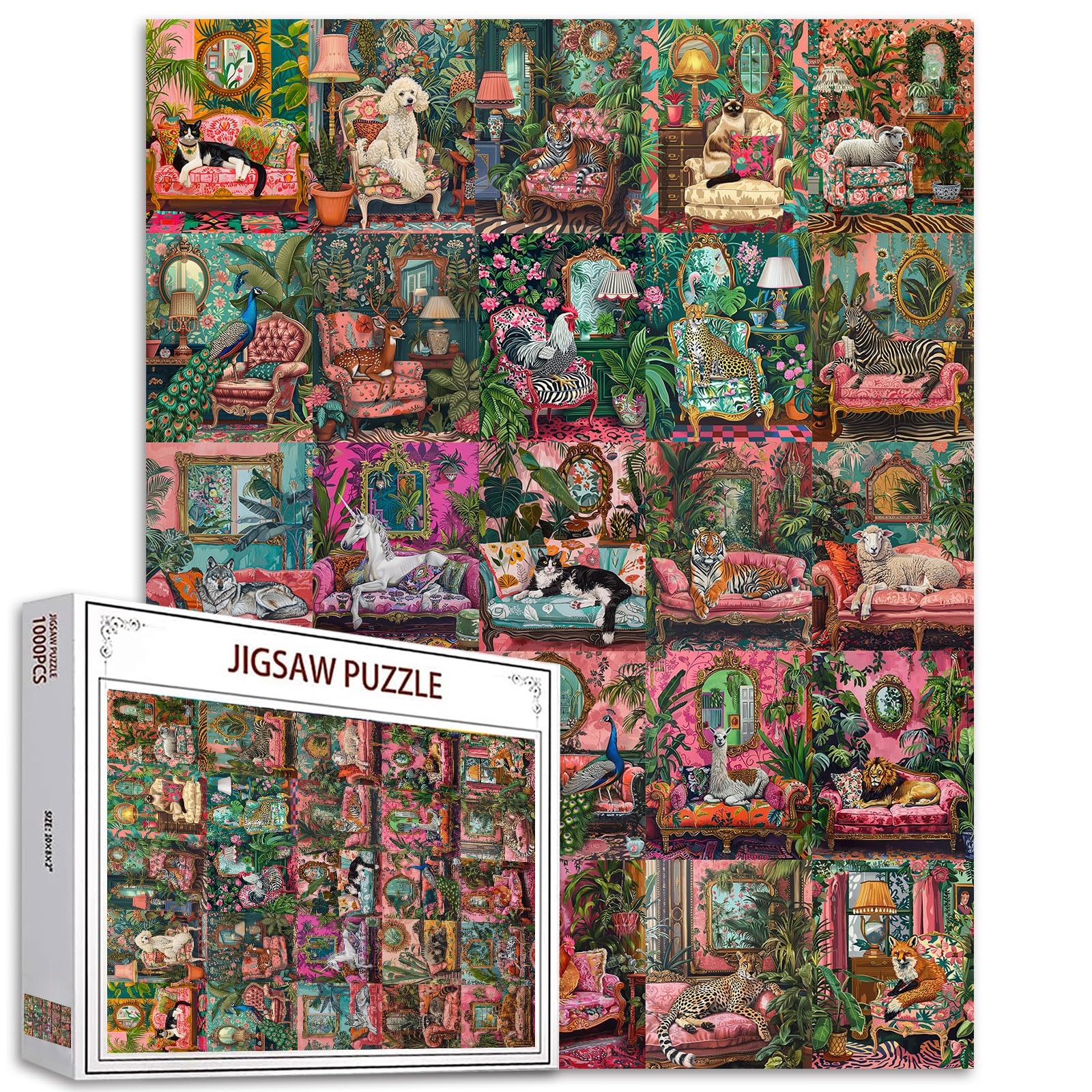 Jungle Animal 1000 Piece Jigsaw Puzzles for Adults (Cat, Tiger, Unicorn, Zebra, Dog, Peacock) Puzzles Challenging Family Activity Games Colorful DIY Craft Puzzle for Home Decor Gifts 70×50cm