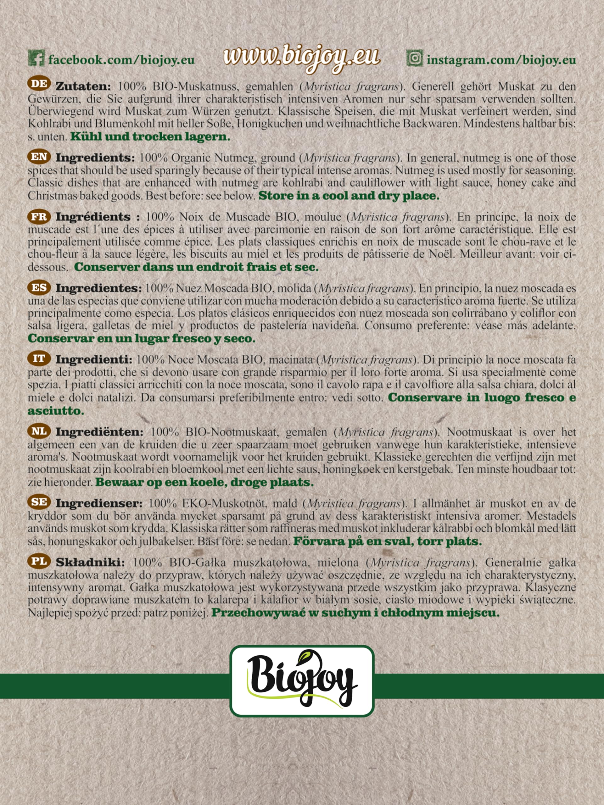 Biojoy Noce Moscata in Polvere BIO (500 g), Noce Moscata macinata, Spezia cruda e naturale (Myristica fragrans)
