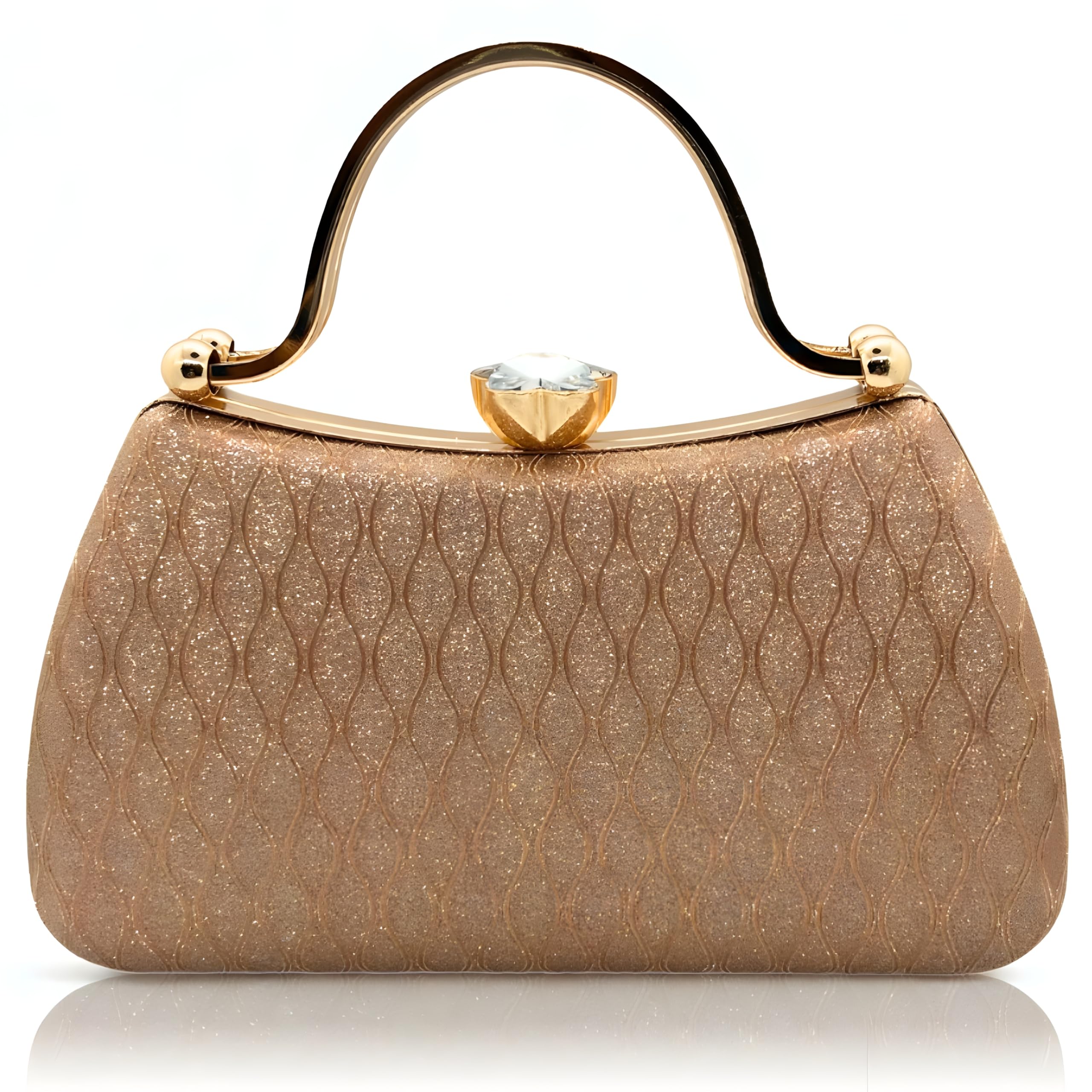 Evening Clutch Purse for Women in Champagne Gold with Glitter Pattern, Crystal Clasp, Perfect for Weddings, Parties & Events