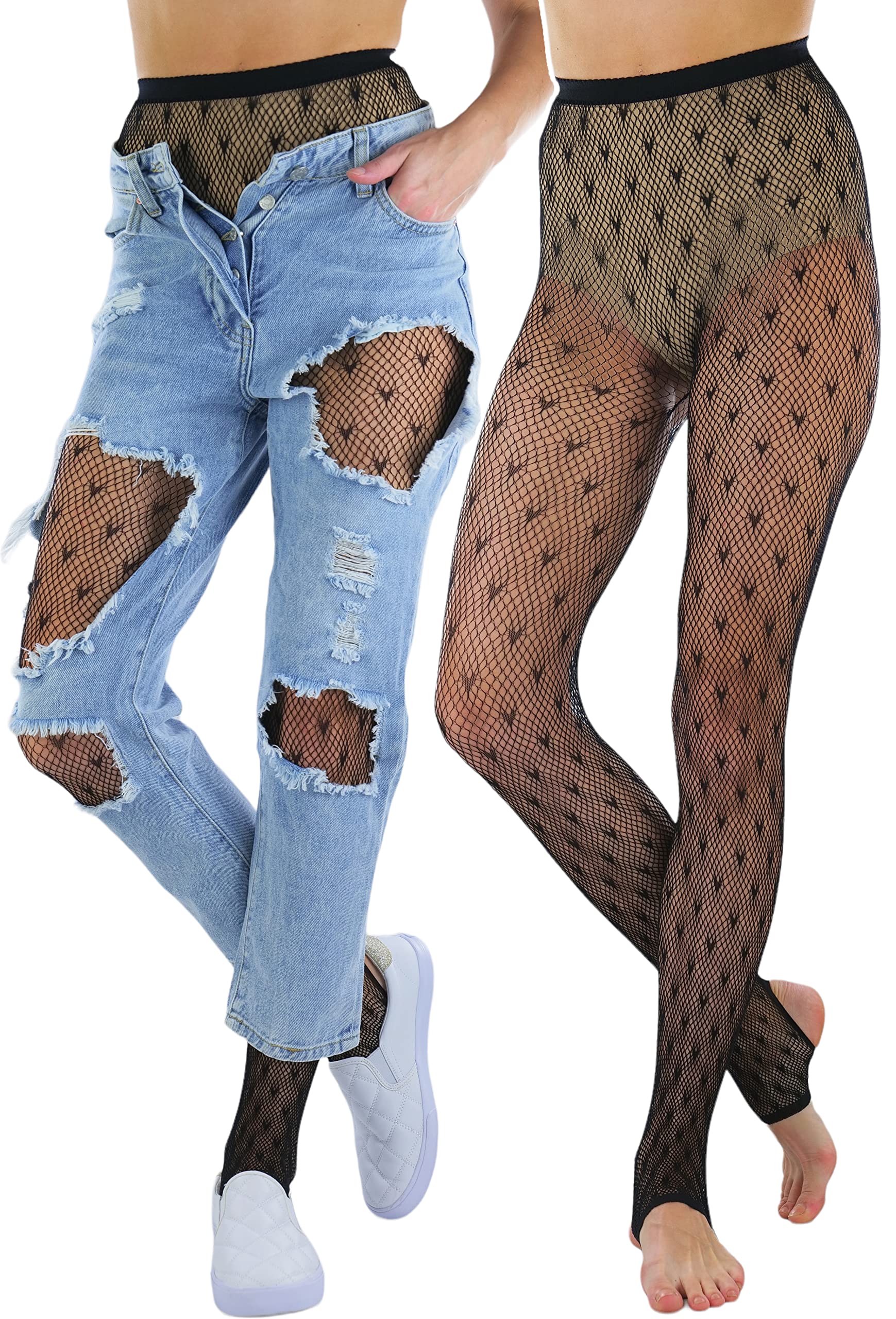 ToBeInStyle Women's Single Floral Lace Fishnet Tights Footless &amp; Stirrup Design