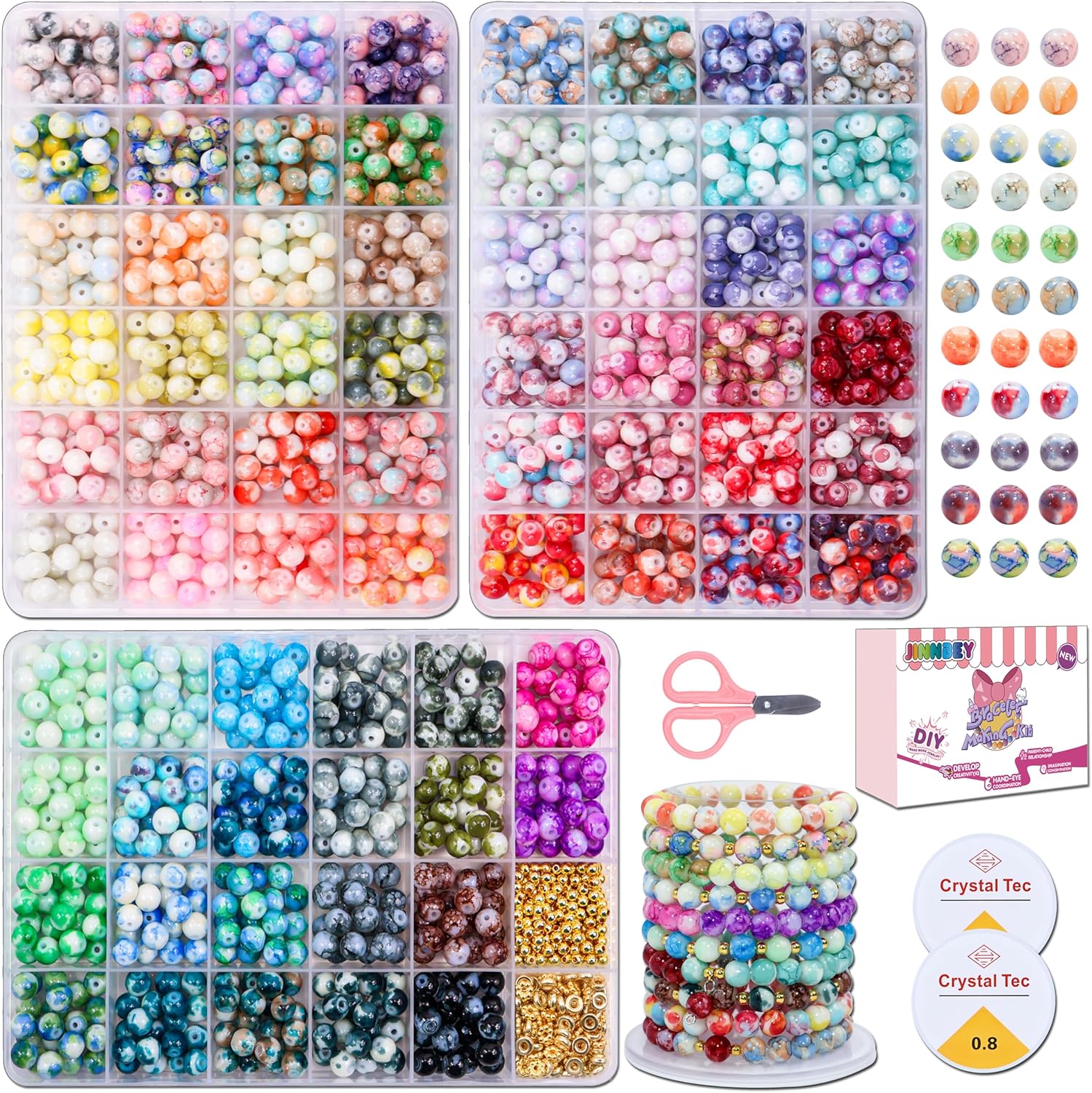 70 Colors 8mm Round Glass Beads for Jewelry Making, 1600Pcs Baking Paint Bead Bracelet Making Kit, with Gold Spacer Beads and Charms Beads Set, DIY Crafts Gifts for Women Men