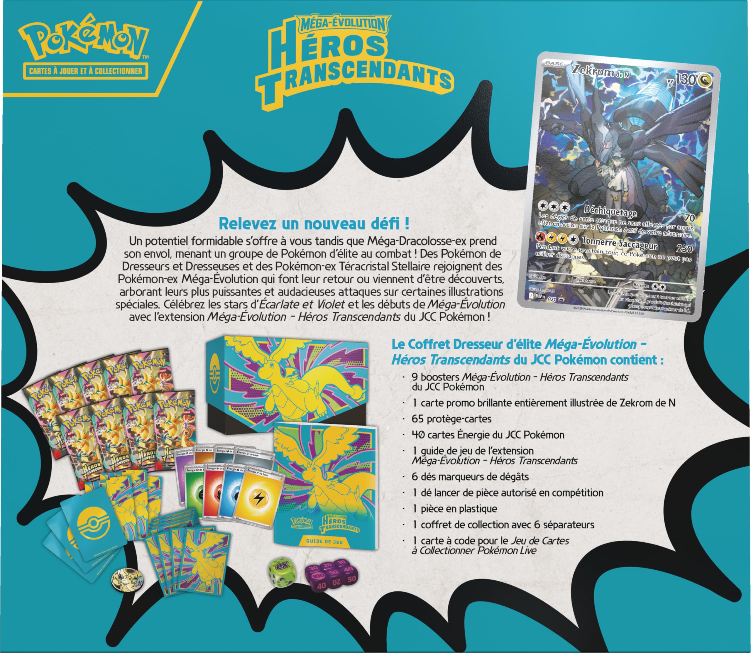 Pokémon : Coffret Dresseur d’élite Méga-Évolution – Héros Transcendants (1 Carte Promo entièrement illustrée, 9 boosters et des Accessoires de Jeu Premium)