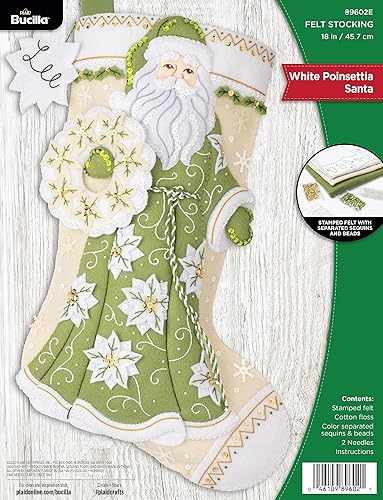 Bucilla, 89602E - Kit de fabricación de calcetines de flor de pascua blanca, apliques de fieltro, de 18 pulgadas, perfecto para manualidades y
