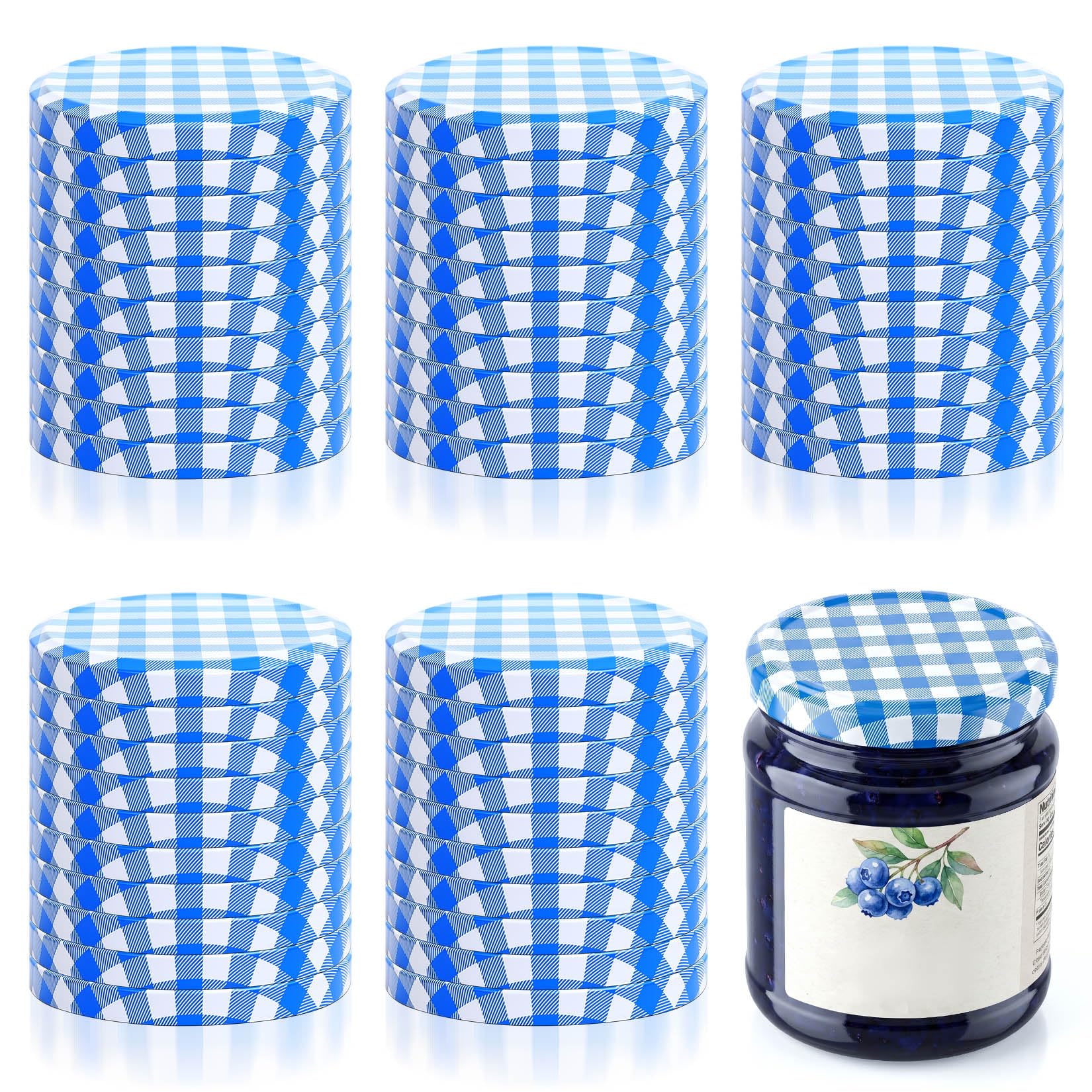 50 Pcs 82mm Blue Plaid Twist‑Off Canning Lids, Mason Jar Replacement Covers