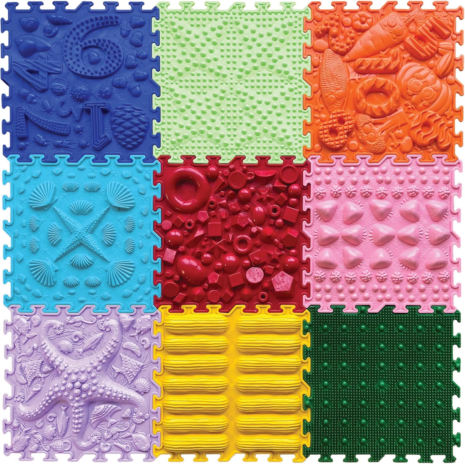 ORTO NATURE 9-Piece Sensory Massage Puzzle Play Mat – Interlocking Orthopedic Floor Tiles & Textured Sensory Mats for Kids & Adults (Rainbow Melody)