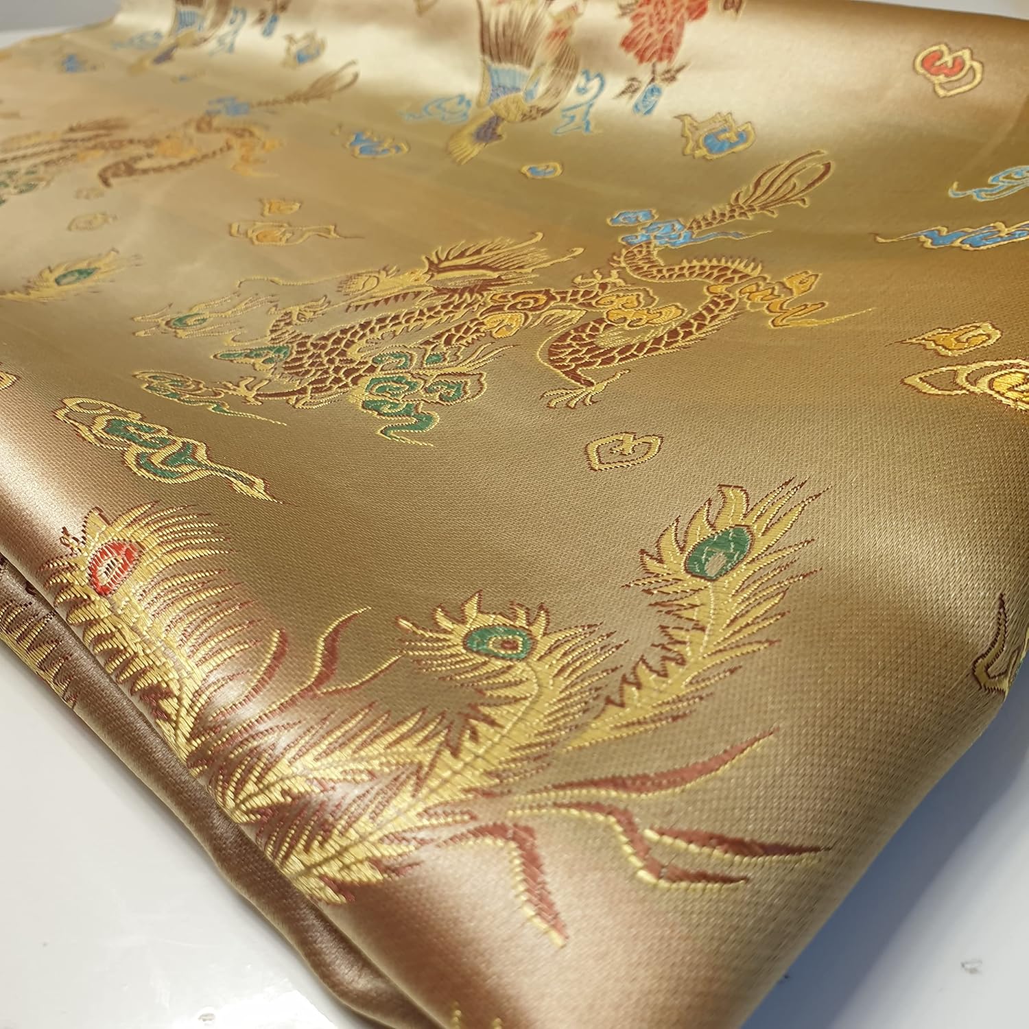 Oriental Chinese Embroidery Brocade Poly Silk Satin Oriental Dragon Fabric 36" (Golden, 1 Meter) - Image 4