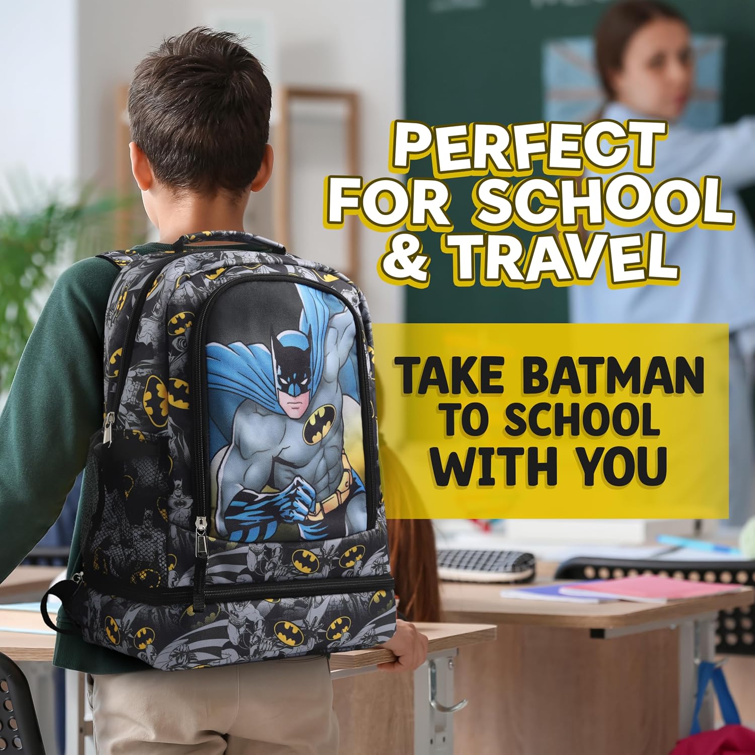 DC Comics Batman Backpack for Kids | 16" School Lunch Box Backpack with Water Bottle Pocket | Back to School Bag Pack for Kindergarten and Elementary | Superhero Batman Gifts for Kids Age 5-10
