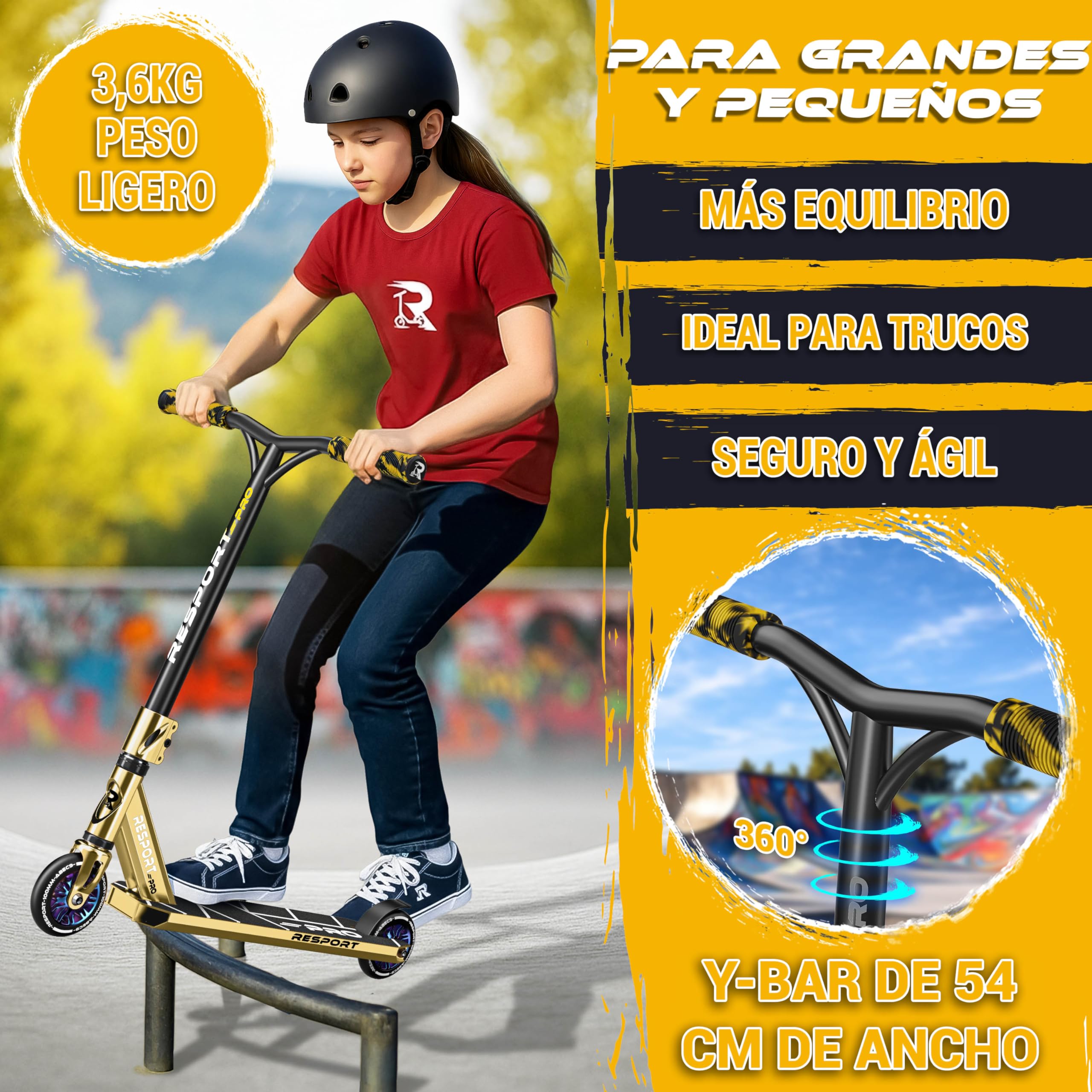 RE:SPORT Patinete de acrobacias Revo Pro para niños y adultos con soporte, patinete profesional de 110 mm, ruedas de poliuretano y barra en Y, patinete de acrobacias, patinete ABEC 9, rodamientos de — view 6