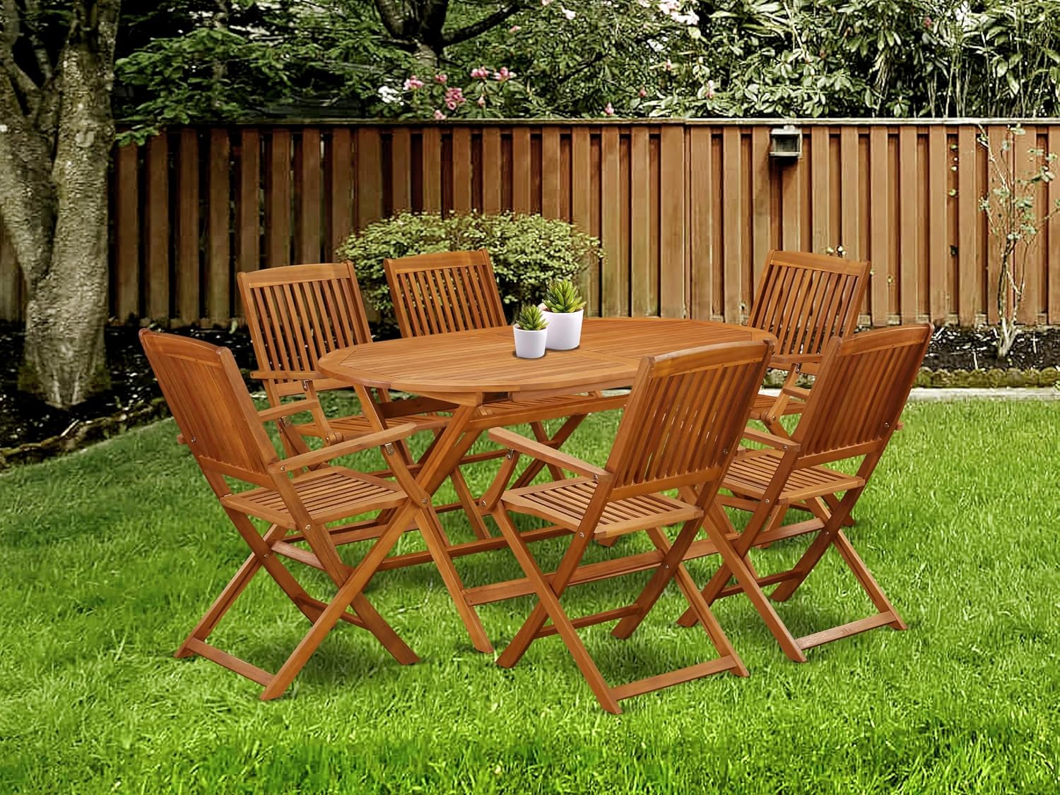 East West Furniture DICM7CANA 7 Piece Patio Garden Table Set Consist of an Oval Outdoor Acacia Wood Dining Table and 6 Folding Arm Chairs, 36x60 Inch, Natural Oil
