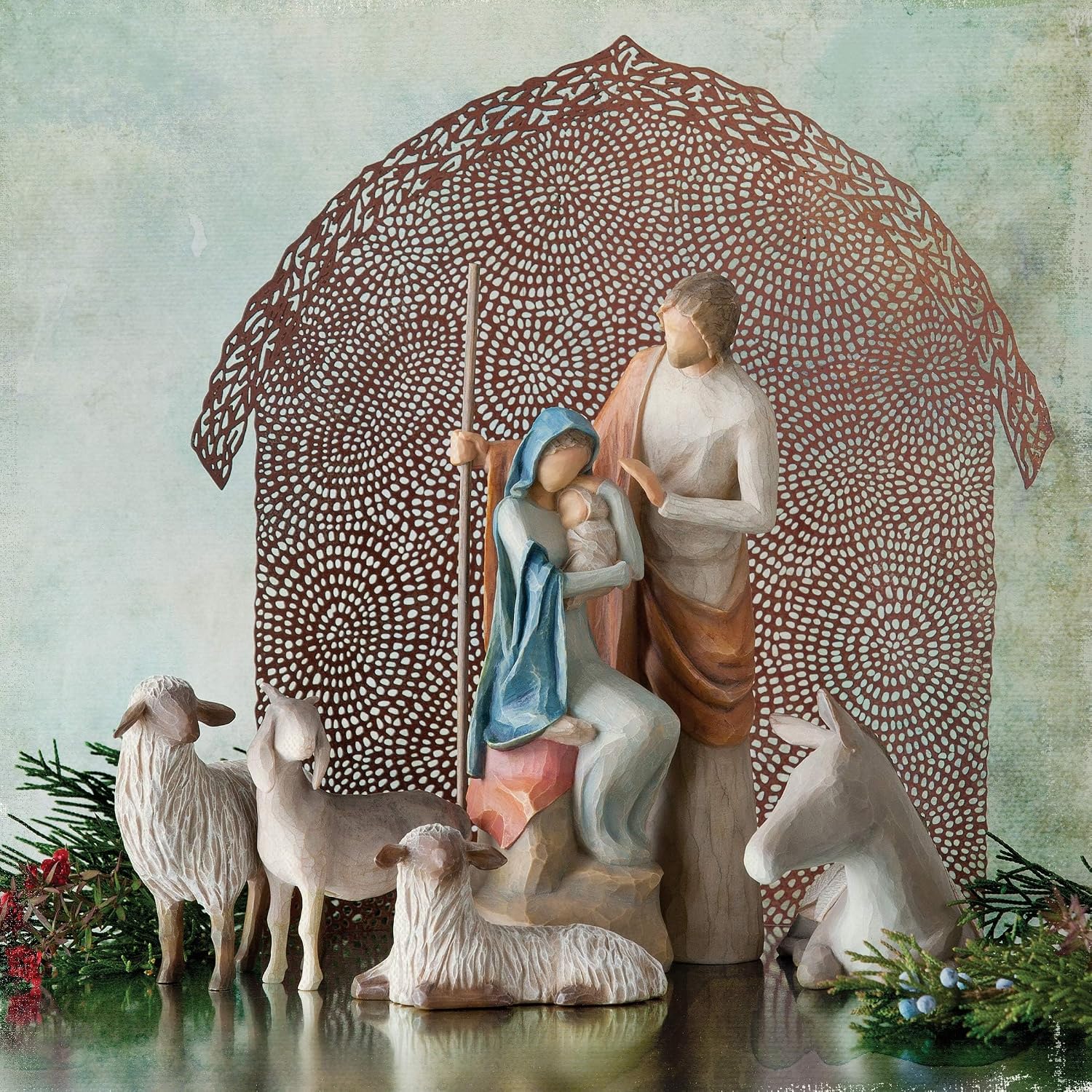 Willow Tree The Holy Family, Mary Holding Jesus, and Joseph, Richly Colored and Carved Foundation Piece for Nativity Collection, Sculpted Hand-Painted Figure