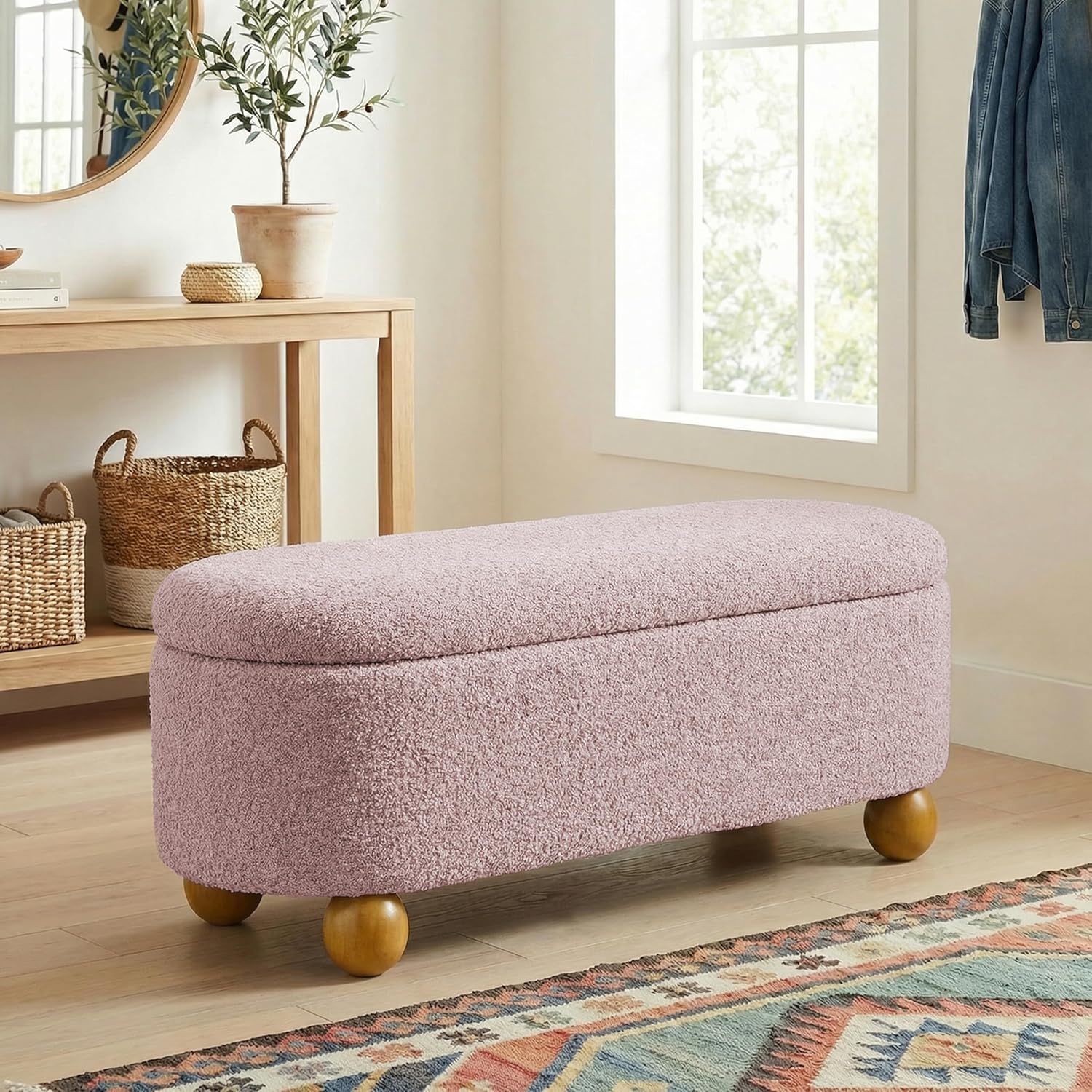 VKNOW Storage Ottoman Bench End of Bed Bench, Thickened Upholstered Blanket Chest for Living Room, Entryway Bench with Cute Spherical Solid Wood Stool Legs for Bedroom, Orange