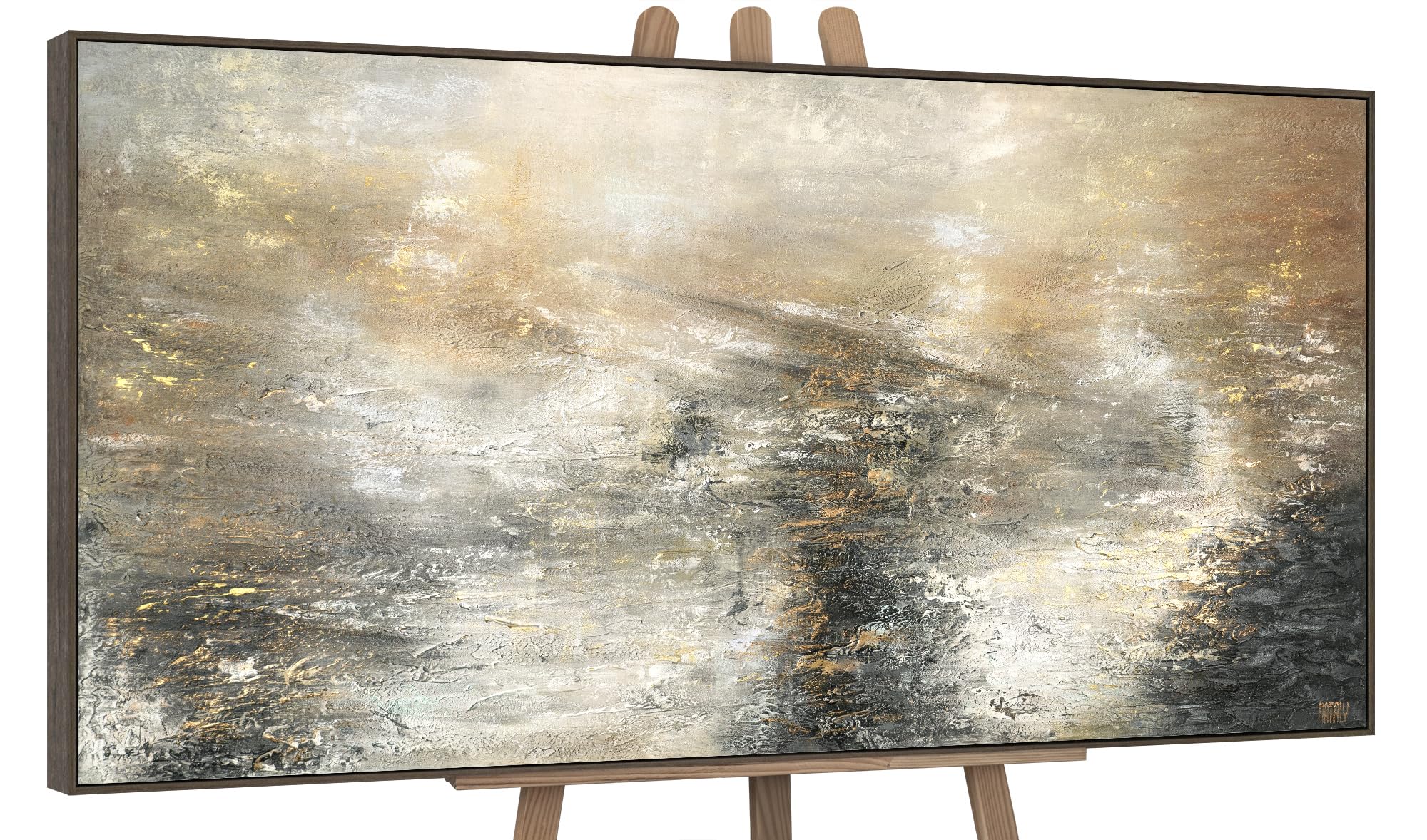 YS-Art Original Handmade Painting – Neutral Abstract Landscape in Beige and Gold, Modern Acrylic Art on Canvas, Minimalist Wall Art Decor for Home or Office 63x32 inch
