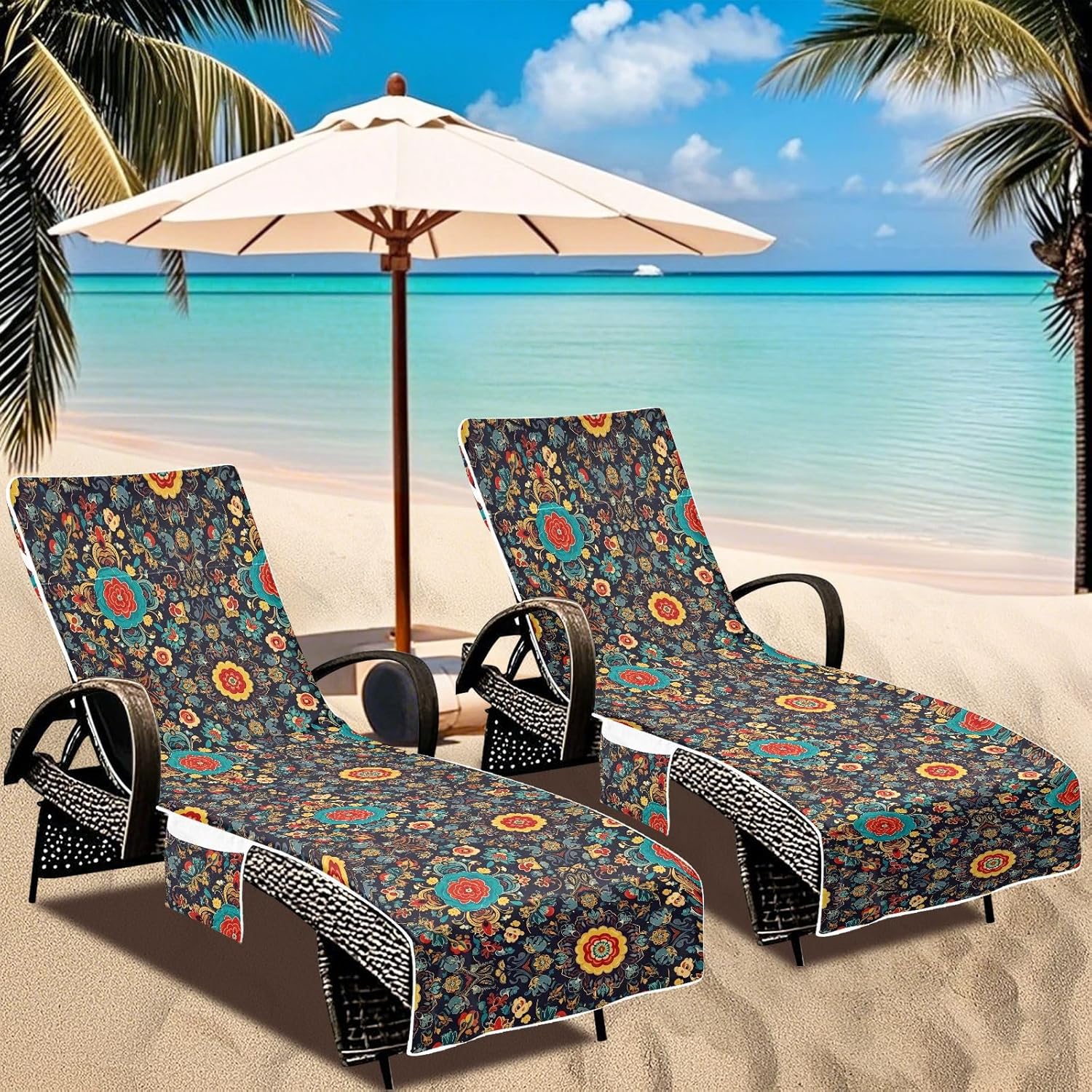 Vintage Marble Pattern Lounge Chair Towel Cover with Side Pockets – 85x30in Foldable Chaise Cover for Beach, Pool, Patio, Spa