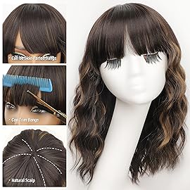Nnzes Wig with Bangs for Women Shoulder Length Bob Wavy Women\'s Charming Synthetic Brown mixed Blonde Highlight Wigs with Natural Curly Heat Resistant Hair for Daily Party Use