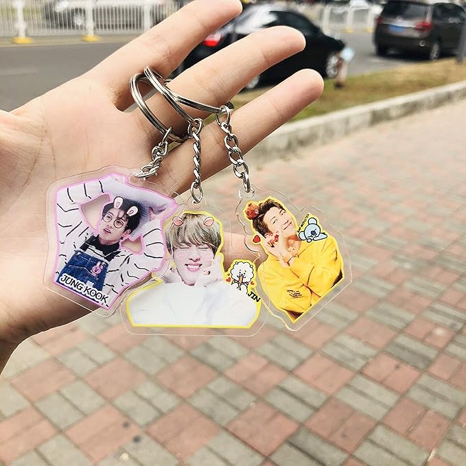 Kpop Cartoon Acrylic Keychain Bangtan Boys Key Ring Hot Gift for ARMY,Transparent, Double-sided Visible (8pack)