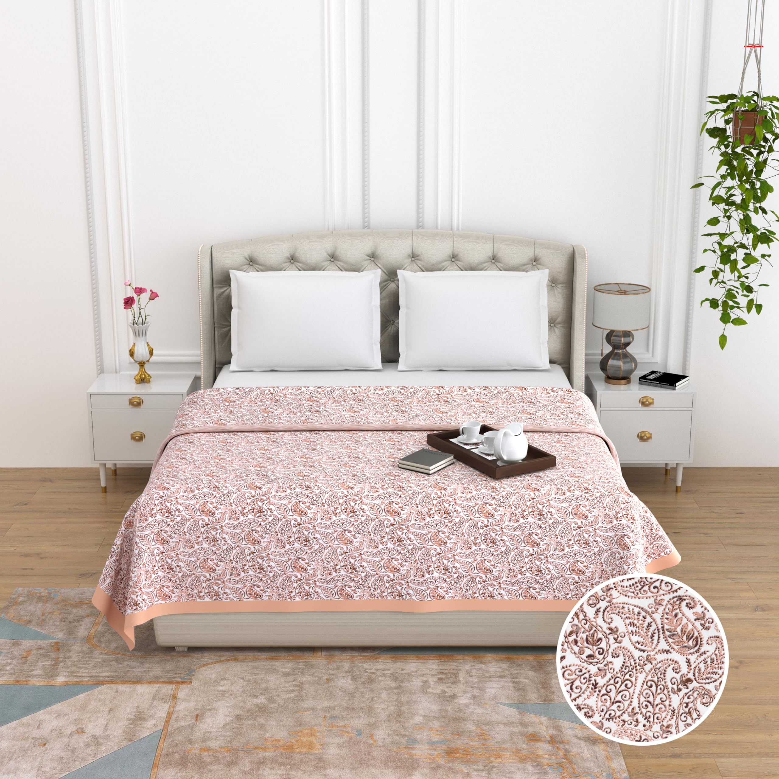 THE LINEN COMPANY Dohar 300 Thread Count Cotton Reversible Double Bed Dohar Set of 1 with Silk Border | Soft-Lightweight Blanket -Double (90 x 100) inch, Copper Paisley-image-38