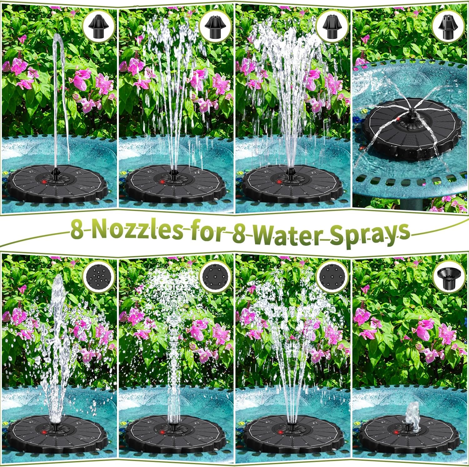 SZMP Solar Fountain, Works in Cloudy with 2000mAh Battery Backup, Glass Solar Powered Bird Bath Fountain with Smart Status Indicators, 3.5W, 8 Nozzles, for Garden, Outdoor (Black)
