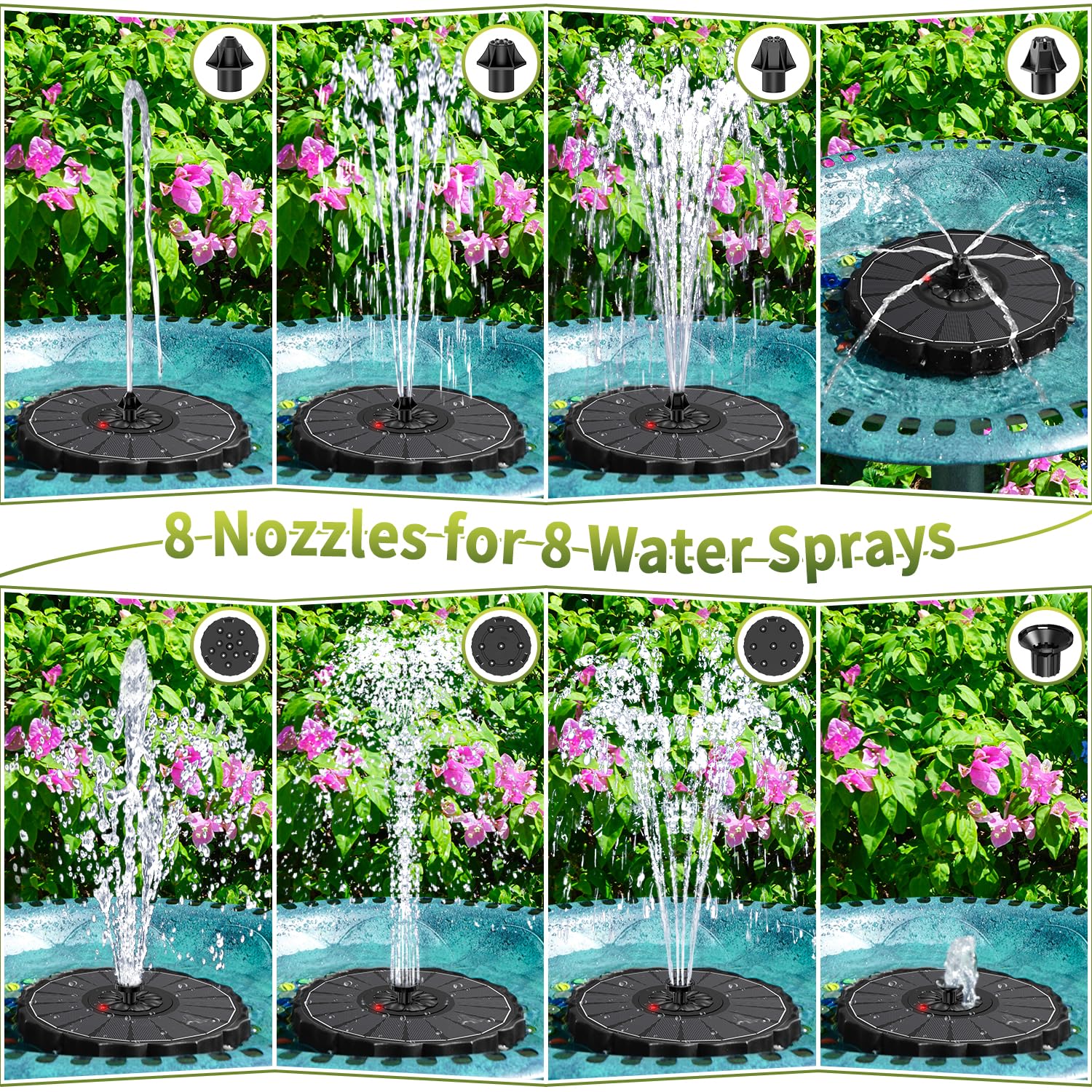 SZMP Fuente Solar con Indicador de Batería & 2000mAh, 3.5W Bomba de Agua Solar Vidrio 2026 Actualización, 8 Boquillas y 4 Fijadores, para Estanque de Jardín Fuente, Baño para Pájaros, Exterior