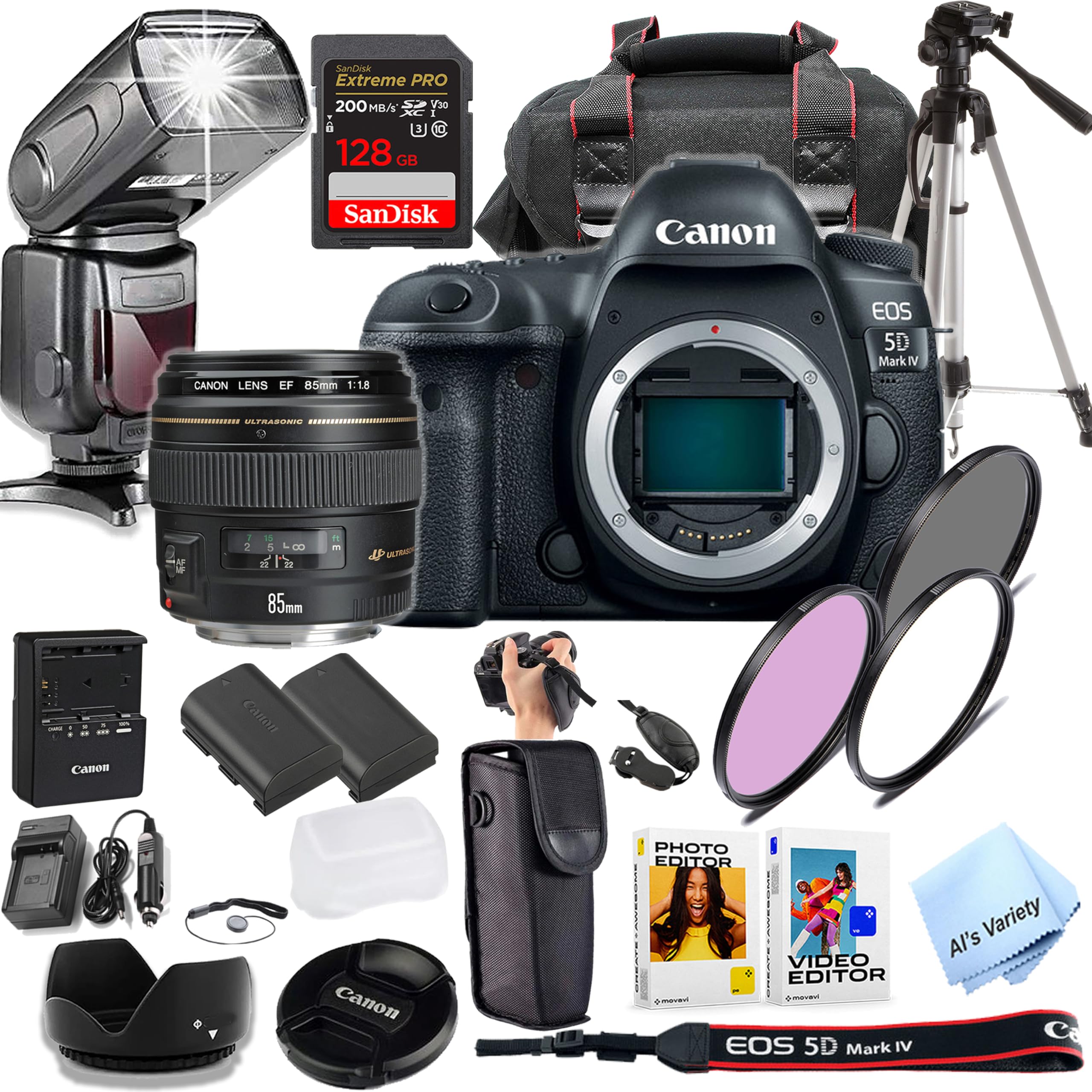 Canon EOS 5D Mark IV DSLR Camera with 85mm f/1.8 USM Lens + TTL Speed Light Flash + 128GB Extreme Speed Memory, Filters, Case, Tripod + More (Pro Photo Bundle) (Renewed)