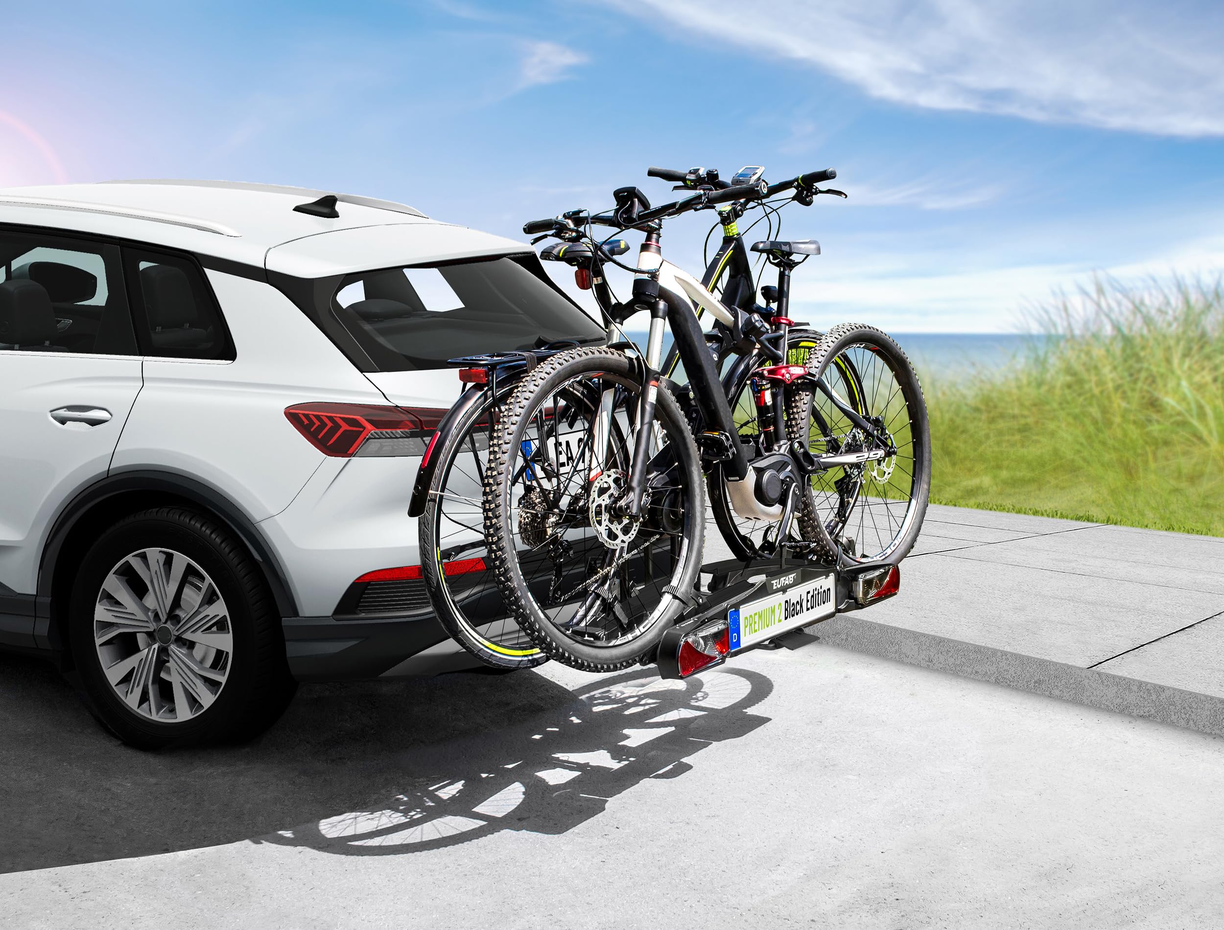 EUFAB 11648ON Porte-vélos Premium 2" Black Edition, Compatible avec vélo électrique, entièrement pré-monté, Protection antivol, pour 2 vélos, pour attelage de remorque, Noir