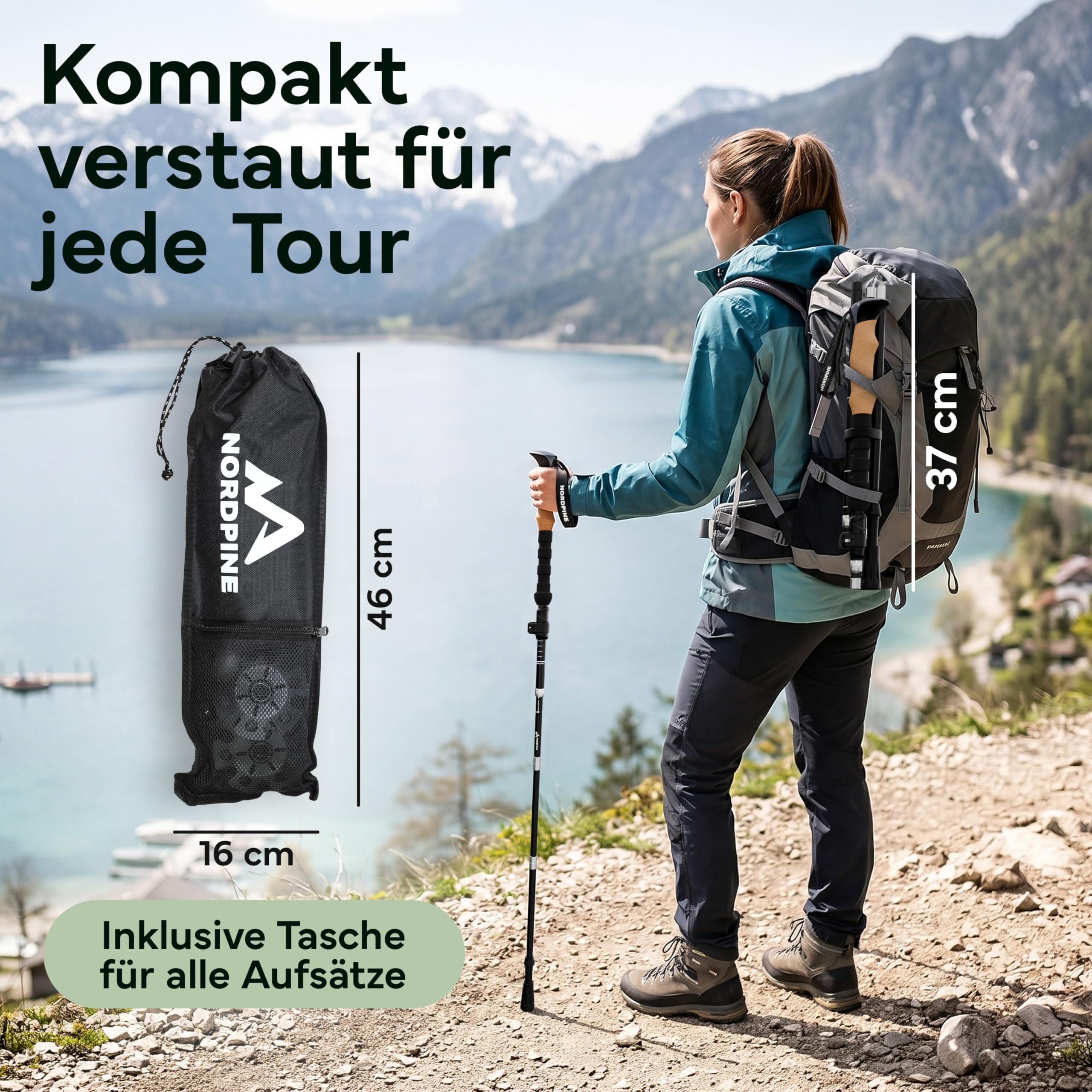 Bastones de senderismo plegables – carbono y aluminio para hombre y mujer – Bastones de trekking ultraligeros con mango de corcho y punta de tungsteno – Bastones de marcha nórdica con tope de goma