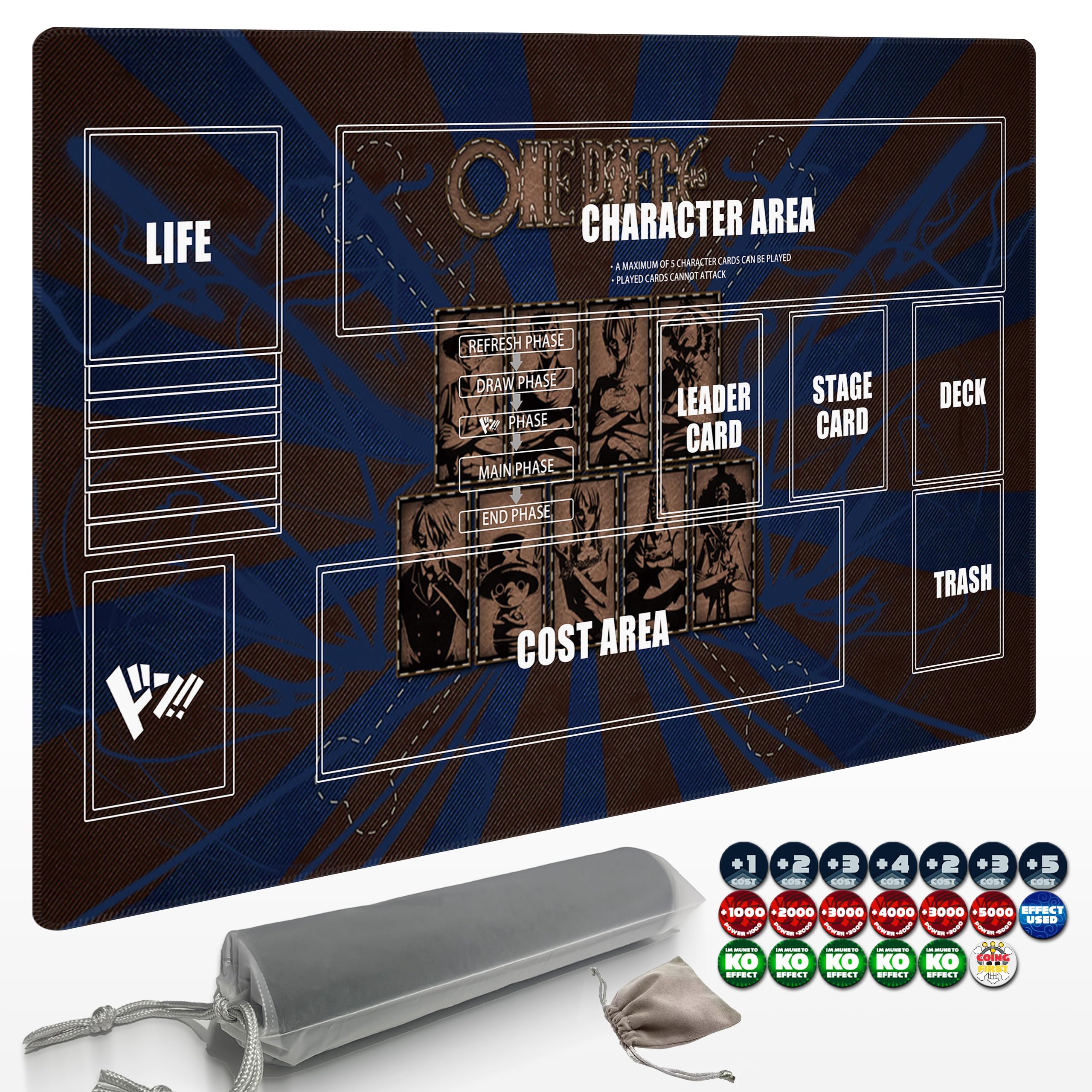 Extalas Playmat for One Piece Card Game (24x14 Inches): with Non-Slip Rubber, Zones Design, a Professional Storage Bag Included, Plus a Limited-Time Gift of a Set of 20 Damage Counters (Black1) — image 1
