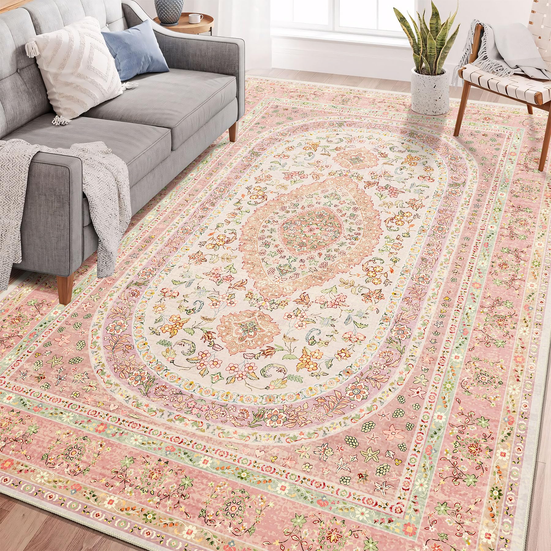Castage 6x9 Area Rugs Washable,Pink Rug for Living Room Bedroom Kitchen,Large Boho Vintage Bohemian Distressed Farmhouse Carpet Non Slip,Blush Floral