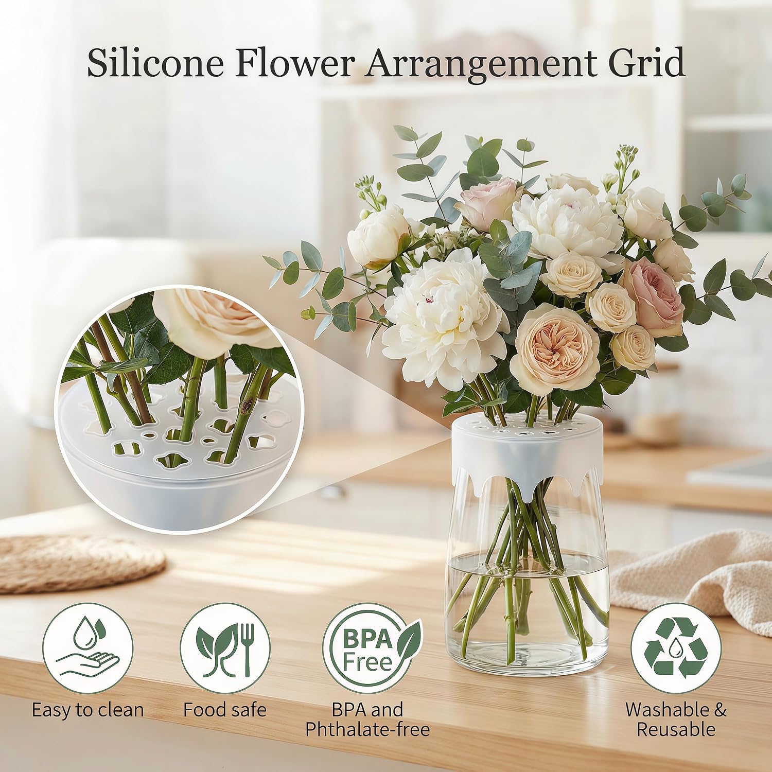 Silicone Flower Arranging Grid, Reusable Holder for Vases