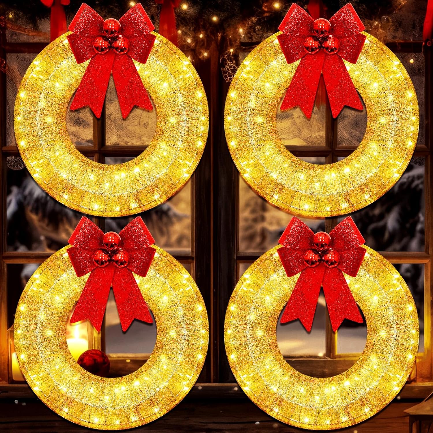 Baquler 4 Pcs 12 Inch Lighted Christmas Wreath LED Lights Glitter Christmas Wreath