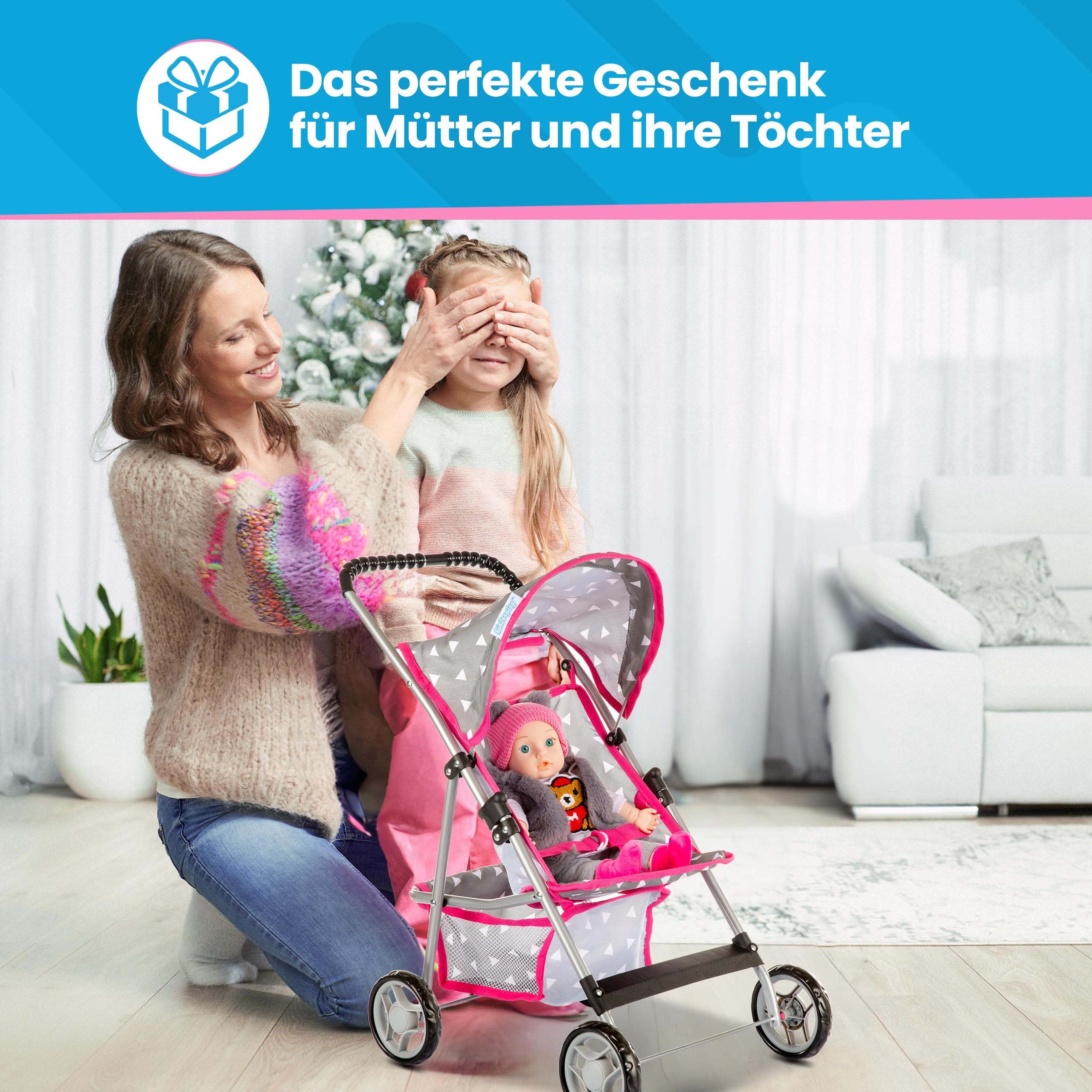 Kinderplay Wózek dla lalek, wózek dziecięcy, wózek dla lalek, wózek z pasem bezpieczeństwa i siatką na zakupy – zabawka dla niemowląt, nowoczesne, lekko obracające się kółka i miękka rękojeść, KP0280S
