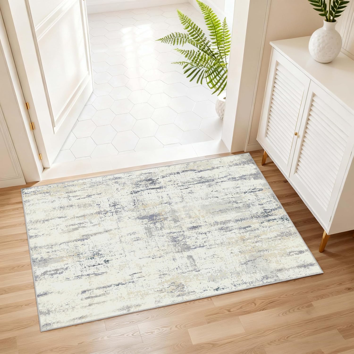 MUJOO 2x3 Washable Rug Small - Entryway Area Rugs Modern Abstract Non Slip Low Pile,Neutral Grey and Pale Yellow Rug for Entry Bathroom Kitchen Bedroom