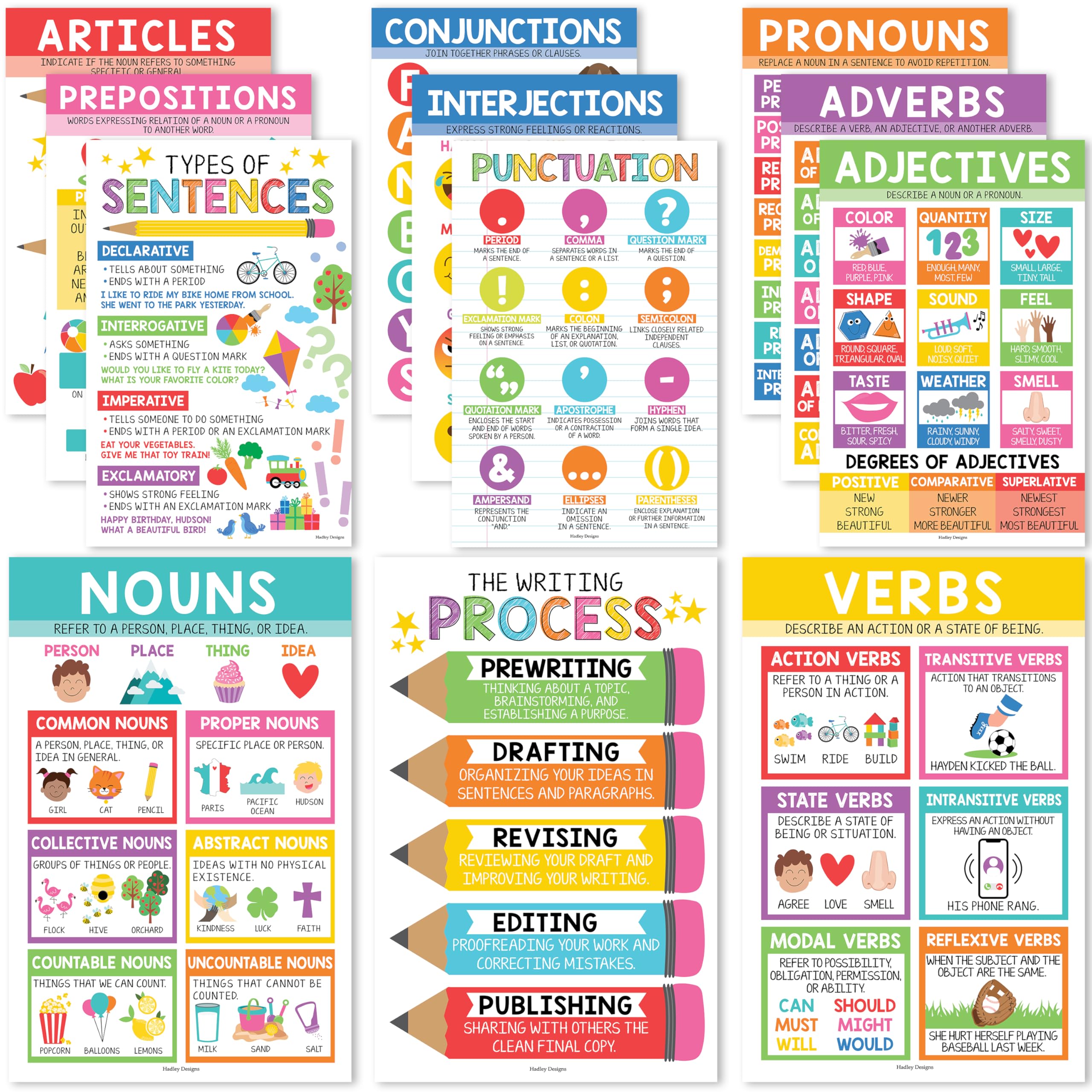 Hadley Designs Parts Of Speech Posters For Classroom - 12 Grammar Posters For Classroom Must Haves, Language Arts For Elementary & Middle School, Writing Process & ELA School, Colorful Class Decor