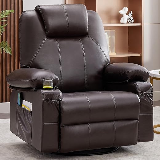 Oversized Swivel Rocker Recliner Chair with Heat and Massage, 360 Degree Swivel Rocking Single Sofa with Cup Holders and USB Port, Big Large Recliner Chair for Living Room (Leather, Brown)