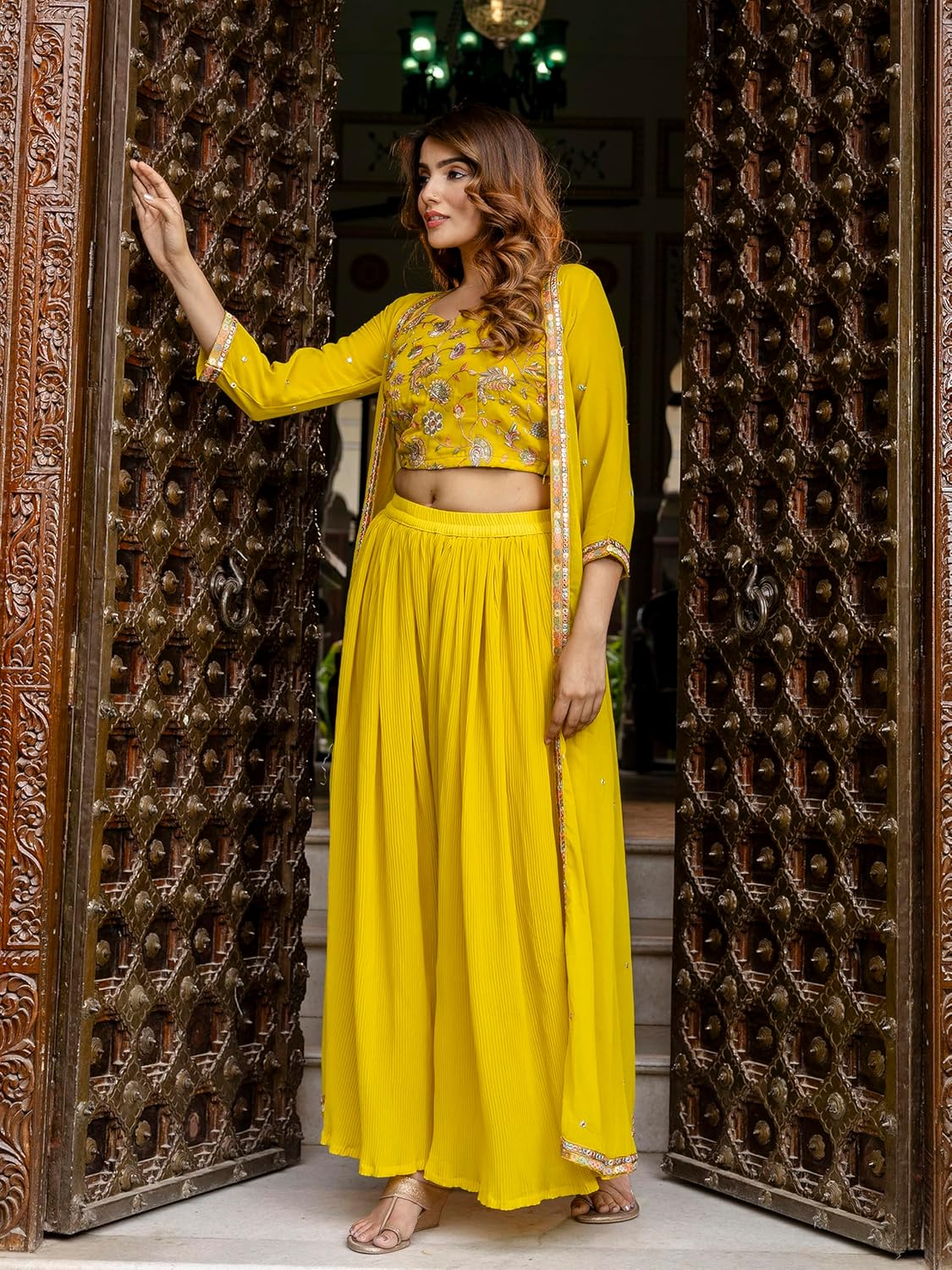 TRENDMALLS Women's Georgette Embroidery Crop Top with Flared Pleated Palazzo and Shrug Set